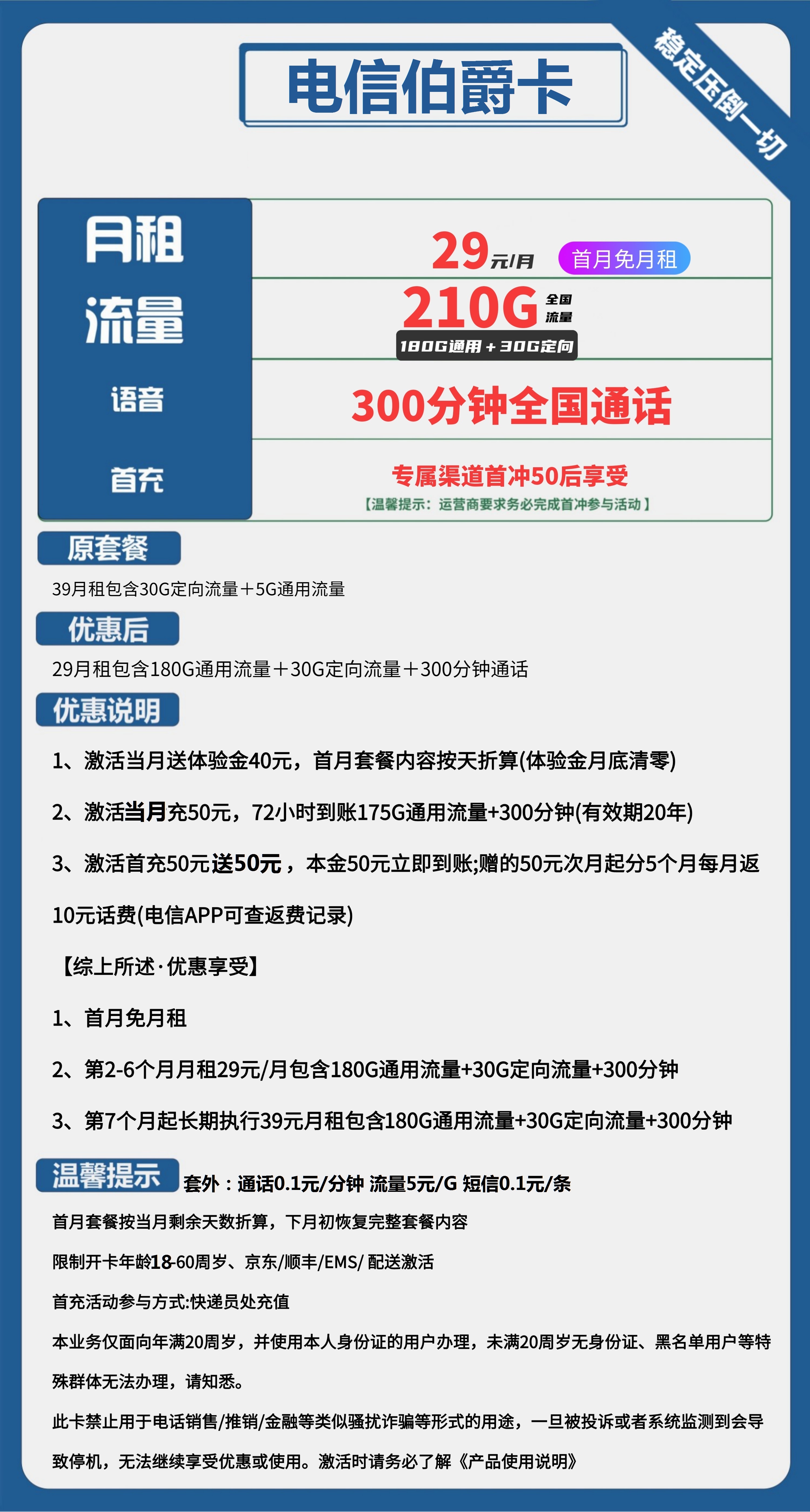 电信伯爵卡29元包180G通用+30G定向+300分钟通话