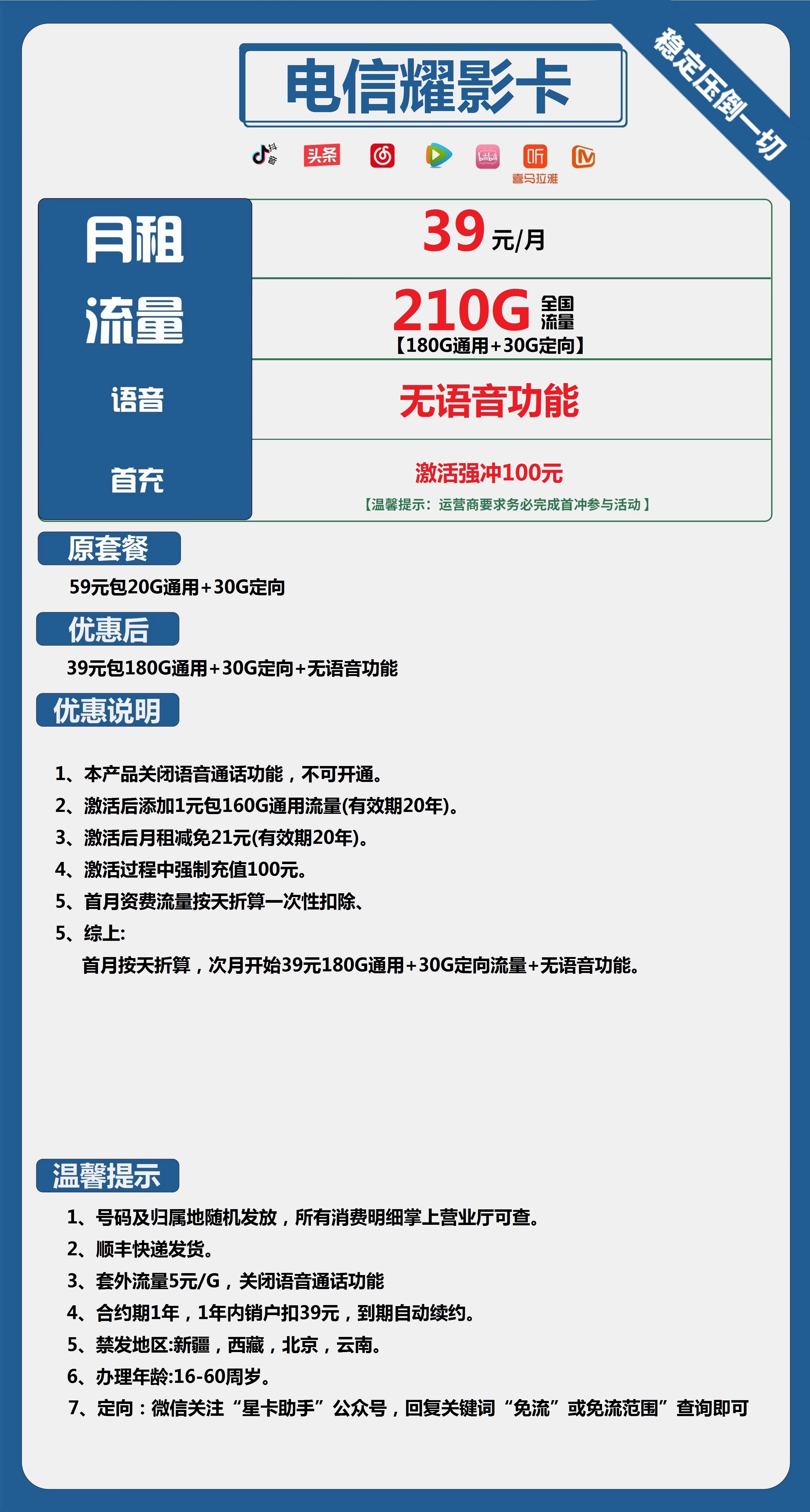 电信耀影卡39元包180G通用+30G定向+无语音功能