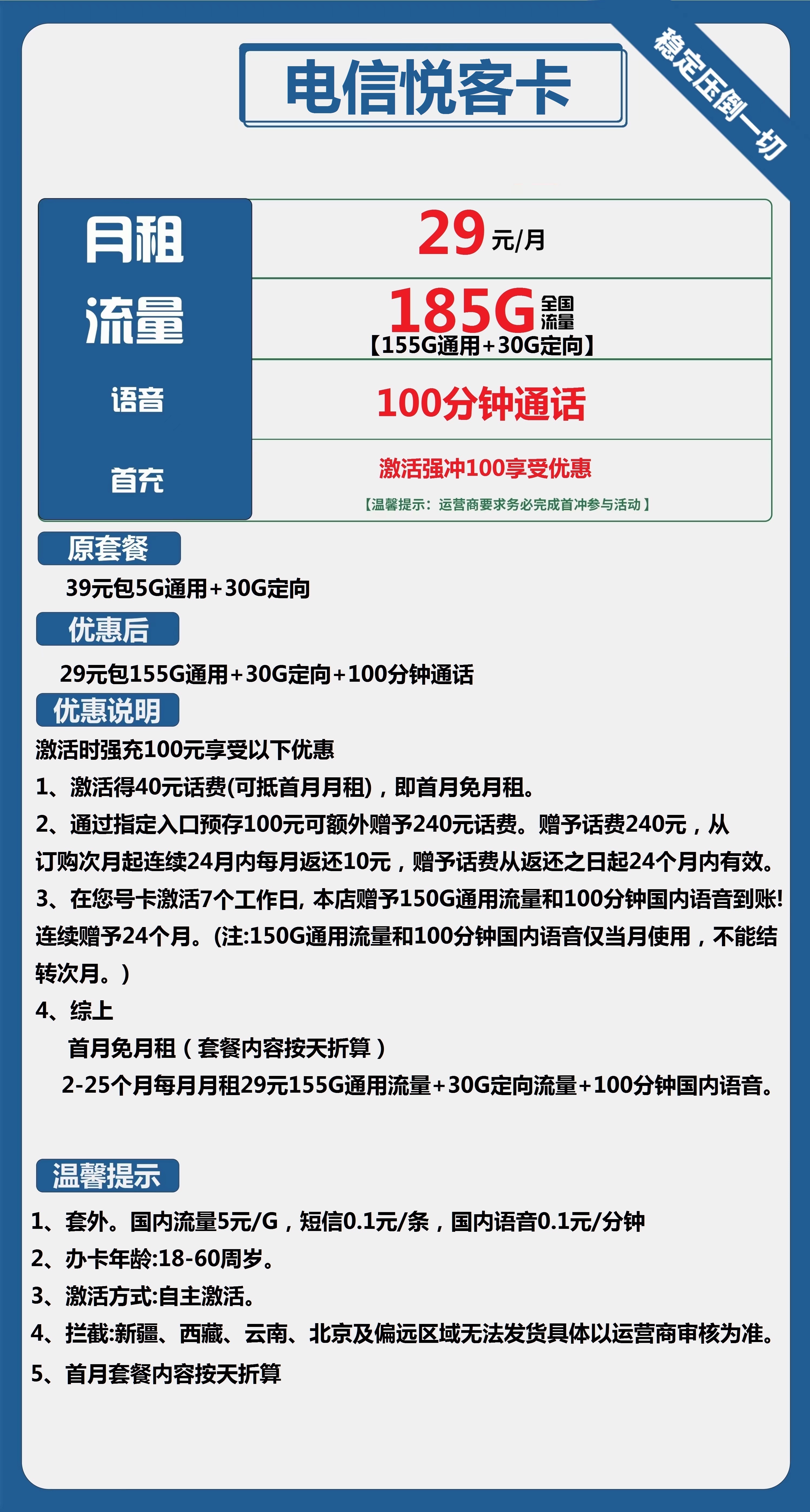电信悦客卡29元包155G通用+30G定向+100分钟通话