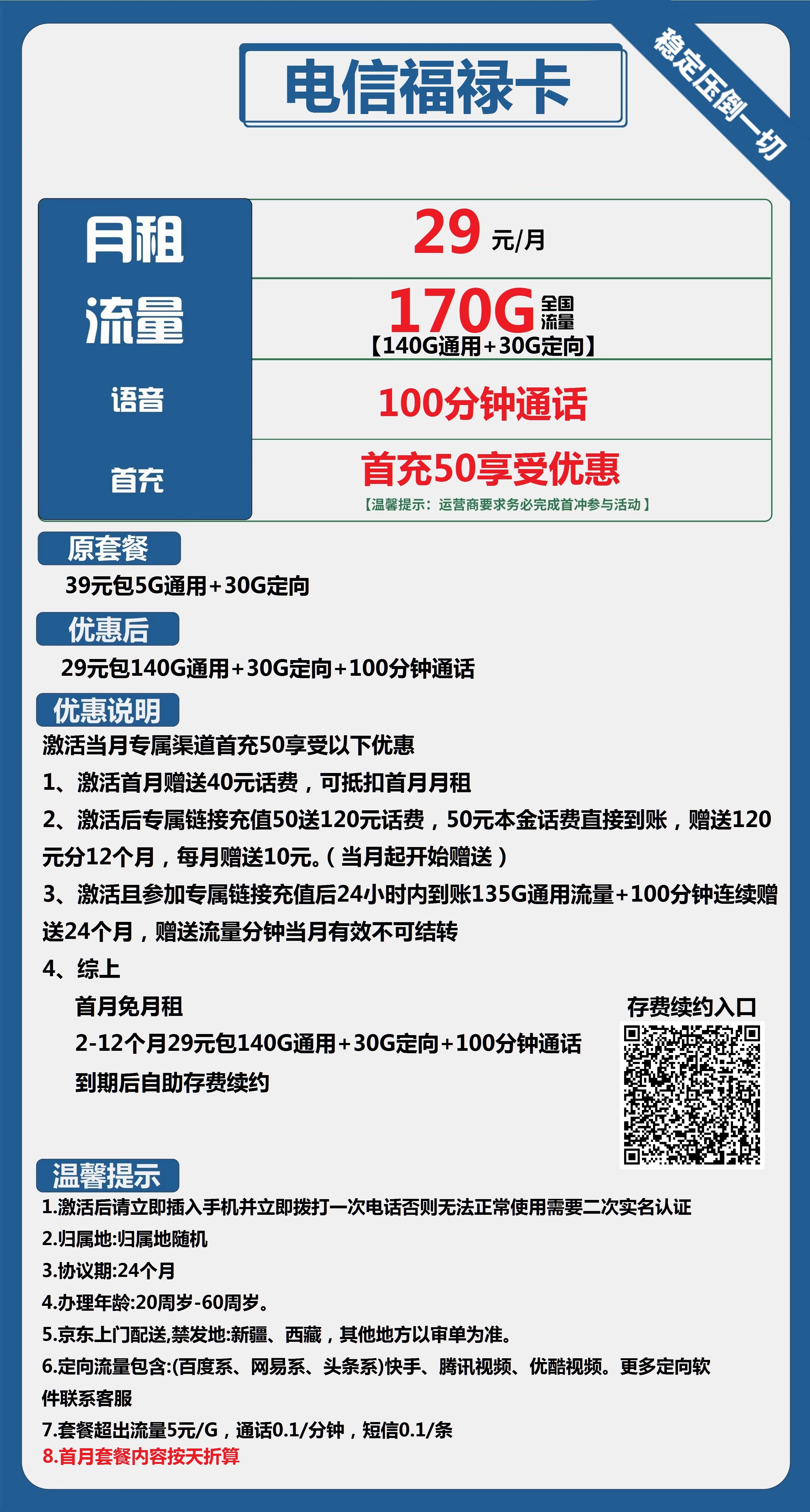 电信福禄卡29元包140G通用+30G定向+100分钟通话