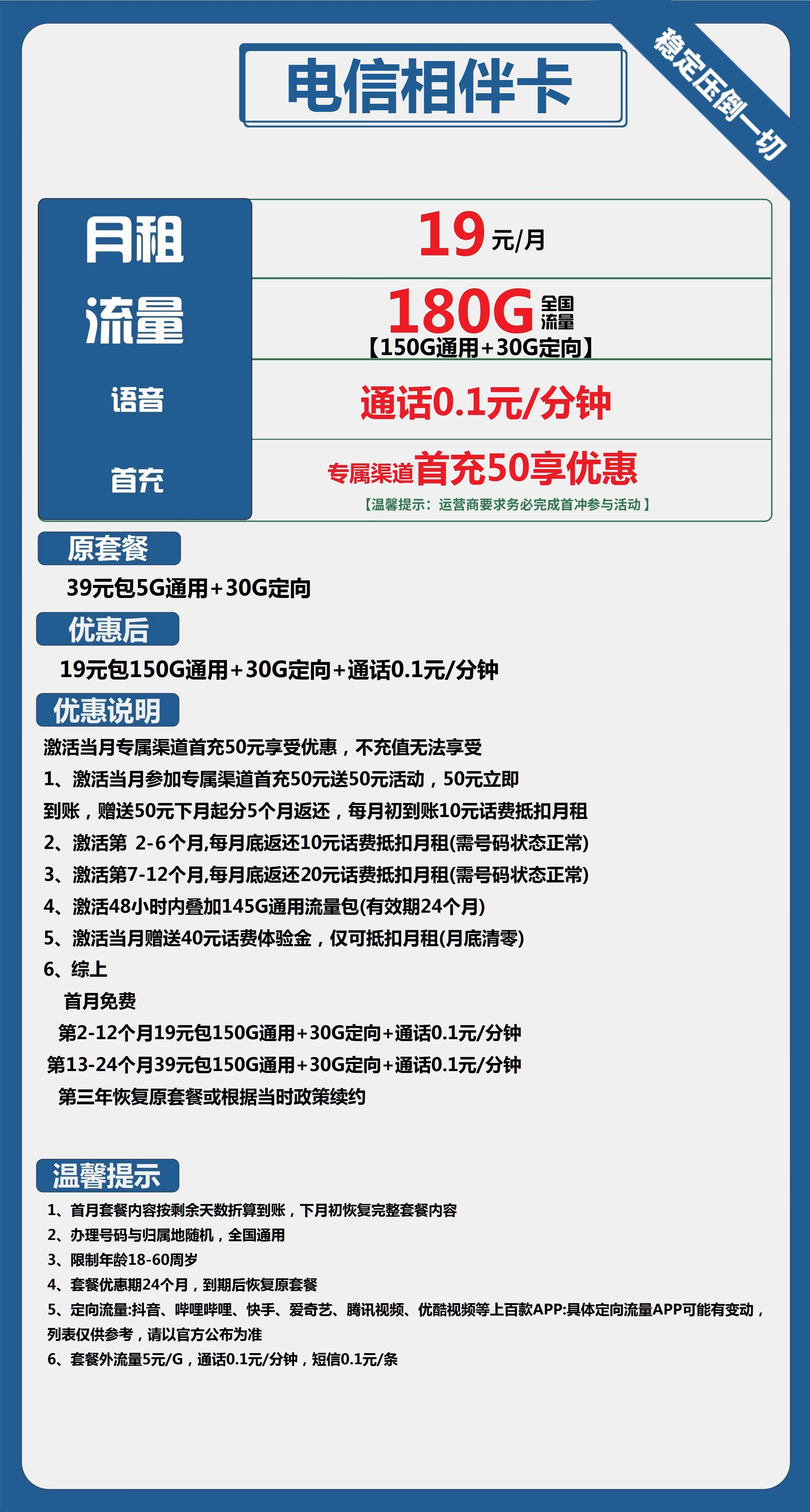 电信相伴卡19元包150G通过+30G定向+通话0.1元/分钟