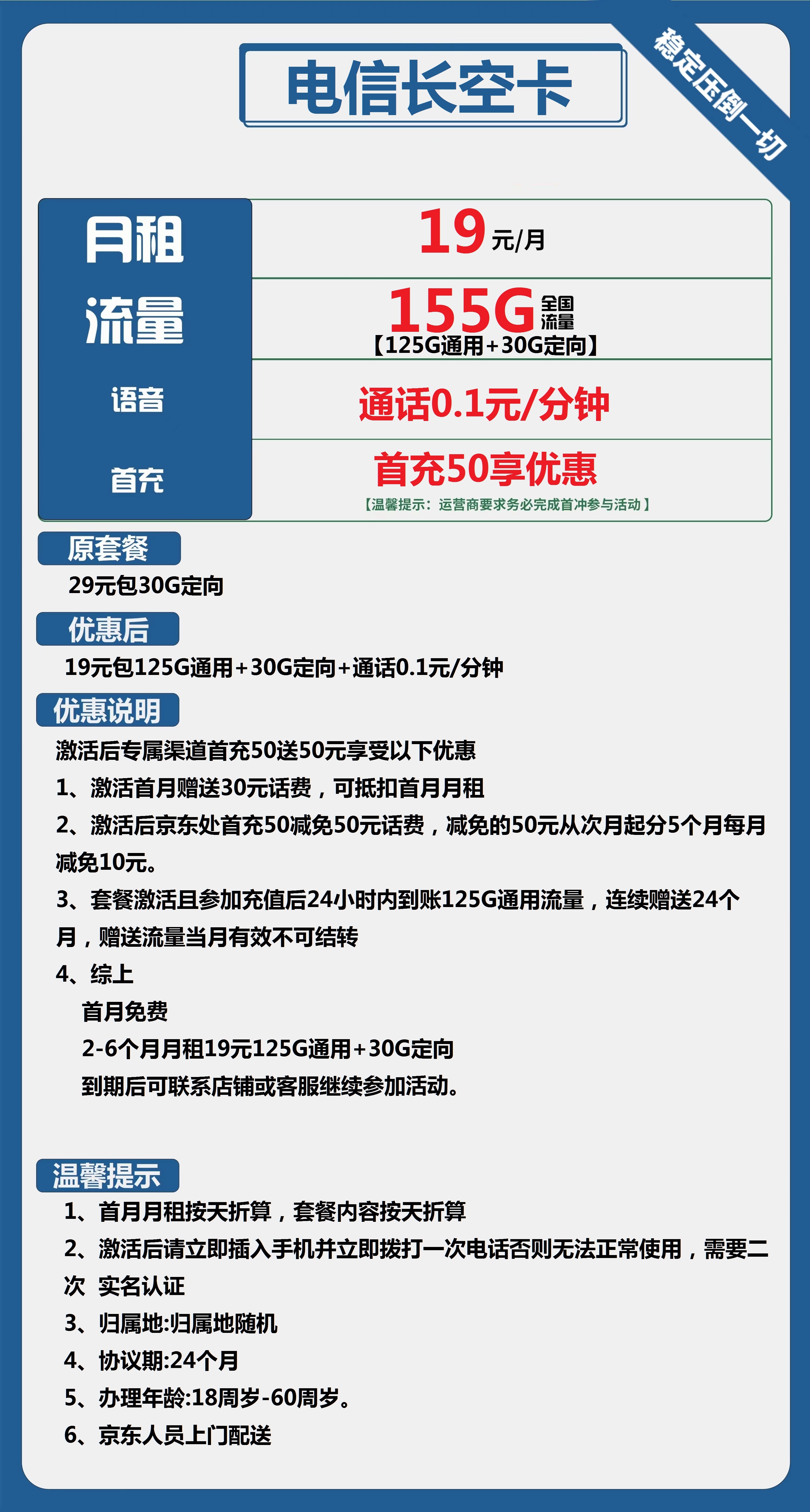 电信长空卡19元包125G通用+30G定向+通话0.1元/分钟