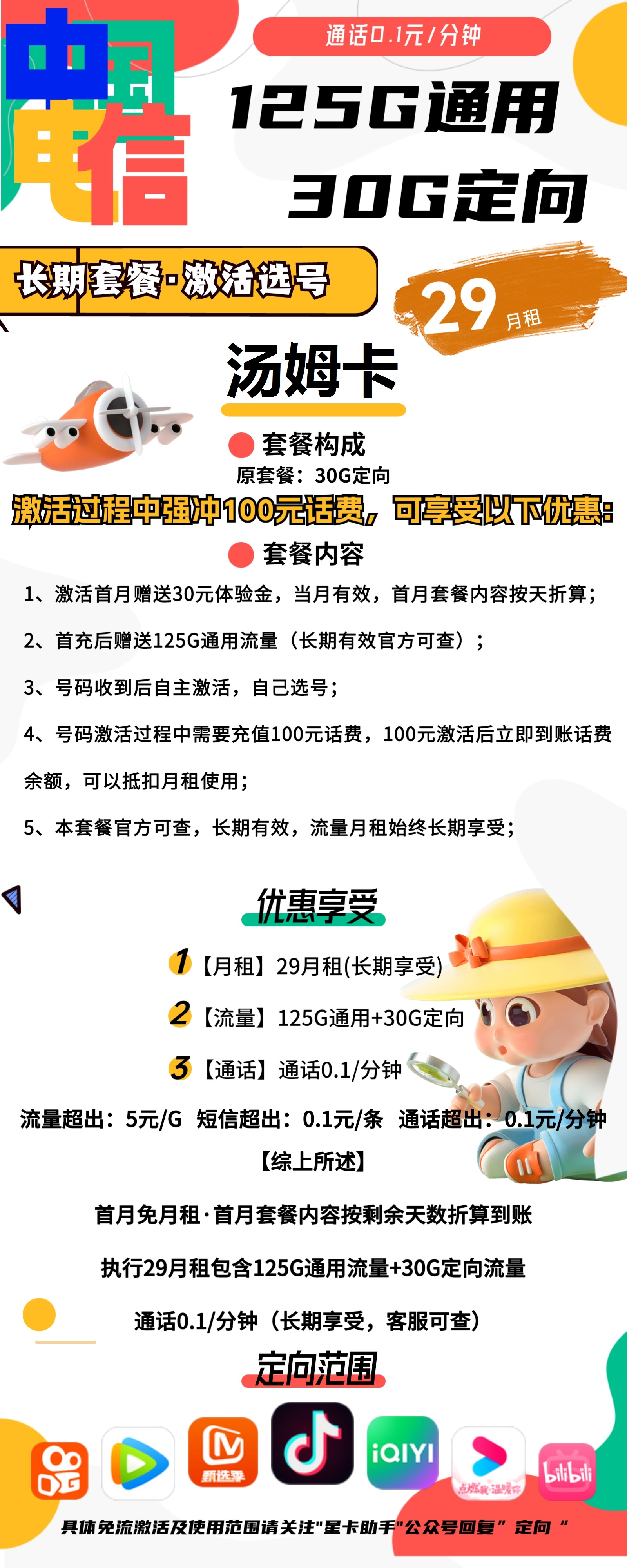 电信汤姆卡29元包125G通用+30G定向+通话0.1元/分钟
