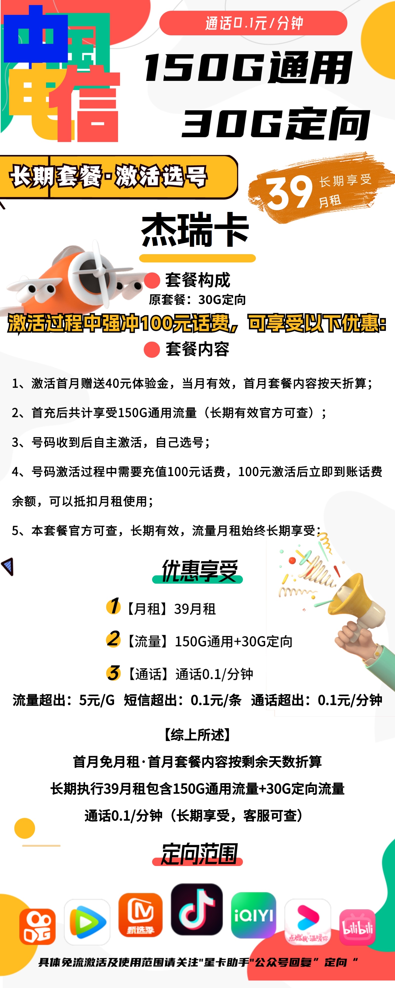 电信杰瑞卡39元包150G通用+30G定向+通话0.1元/分钟
