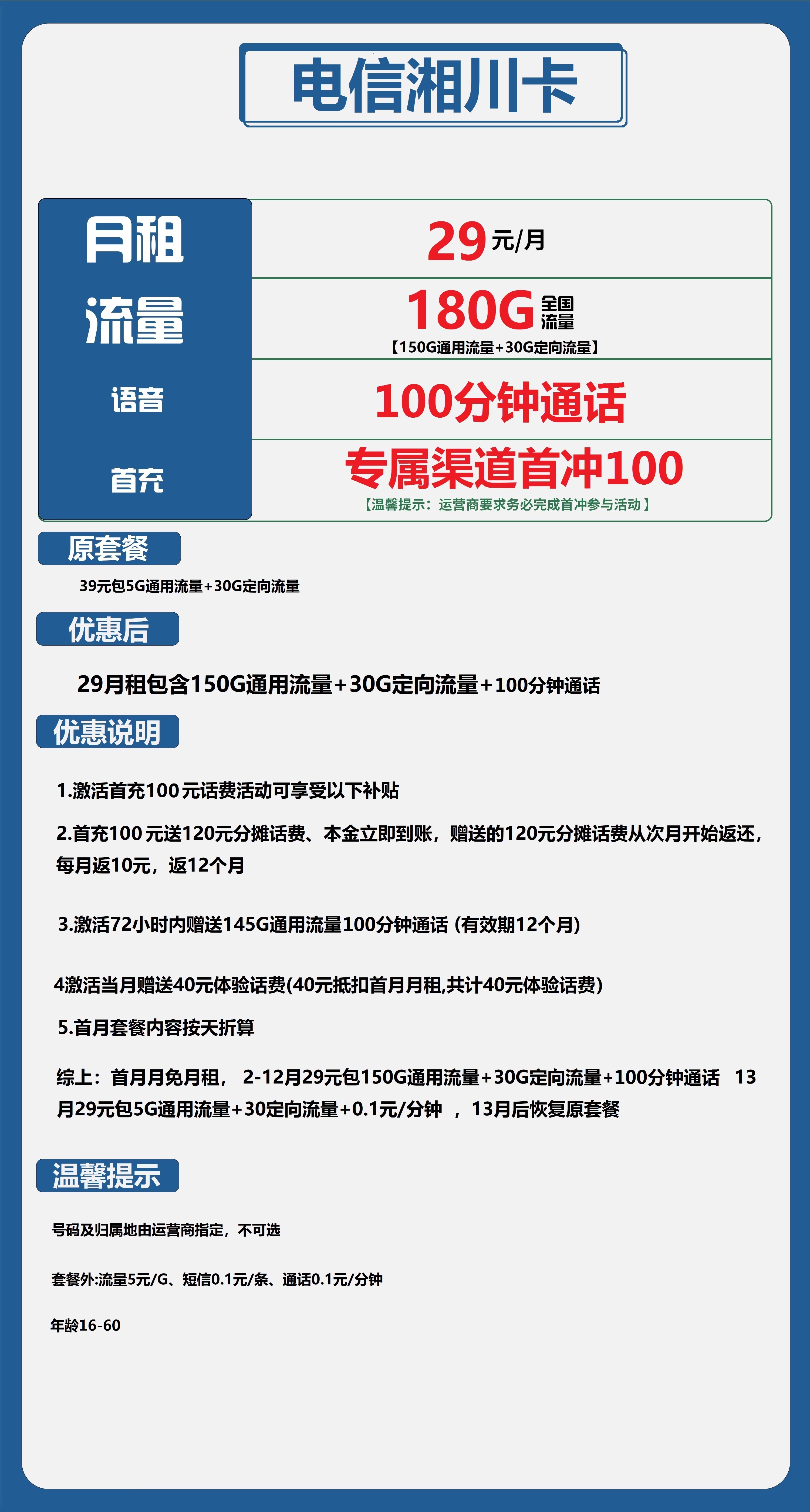 电信湘川卡29元包150G通用+30G定向+100分钟通话
