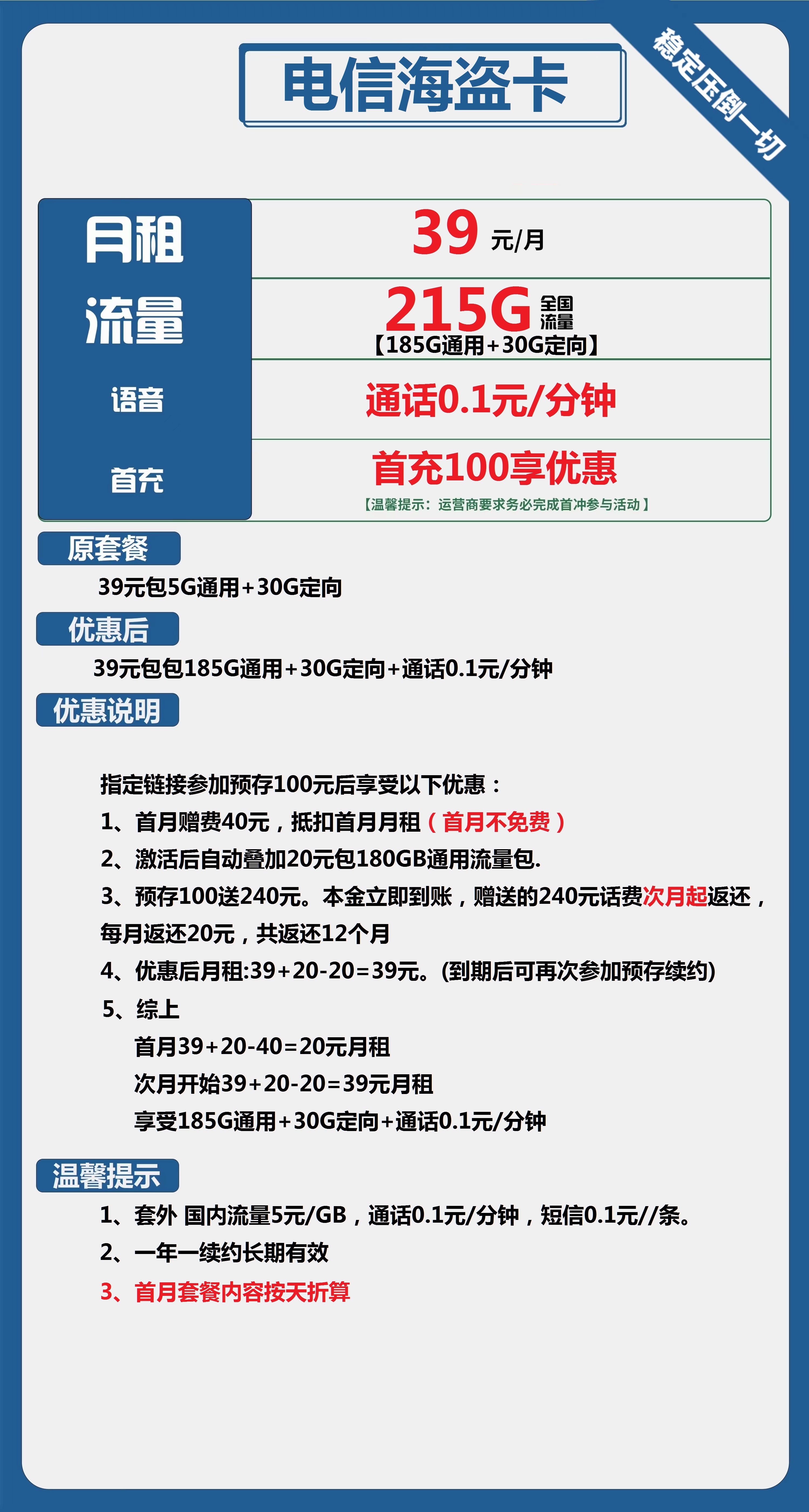 电信海盗卡39元包185G通用+30G定向+通话0.1元/分钟