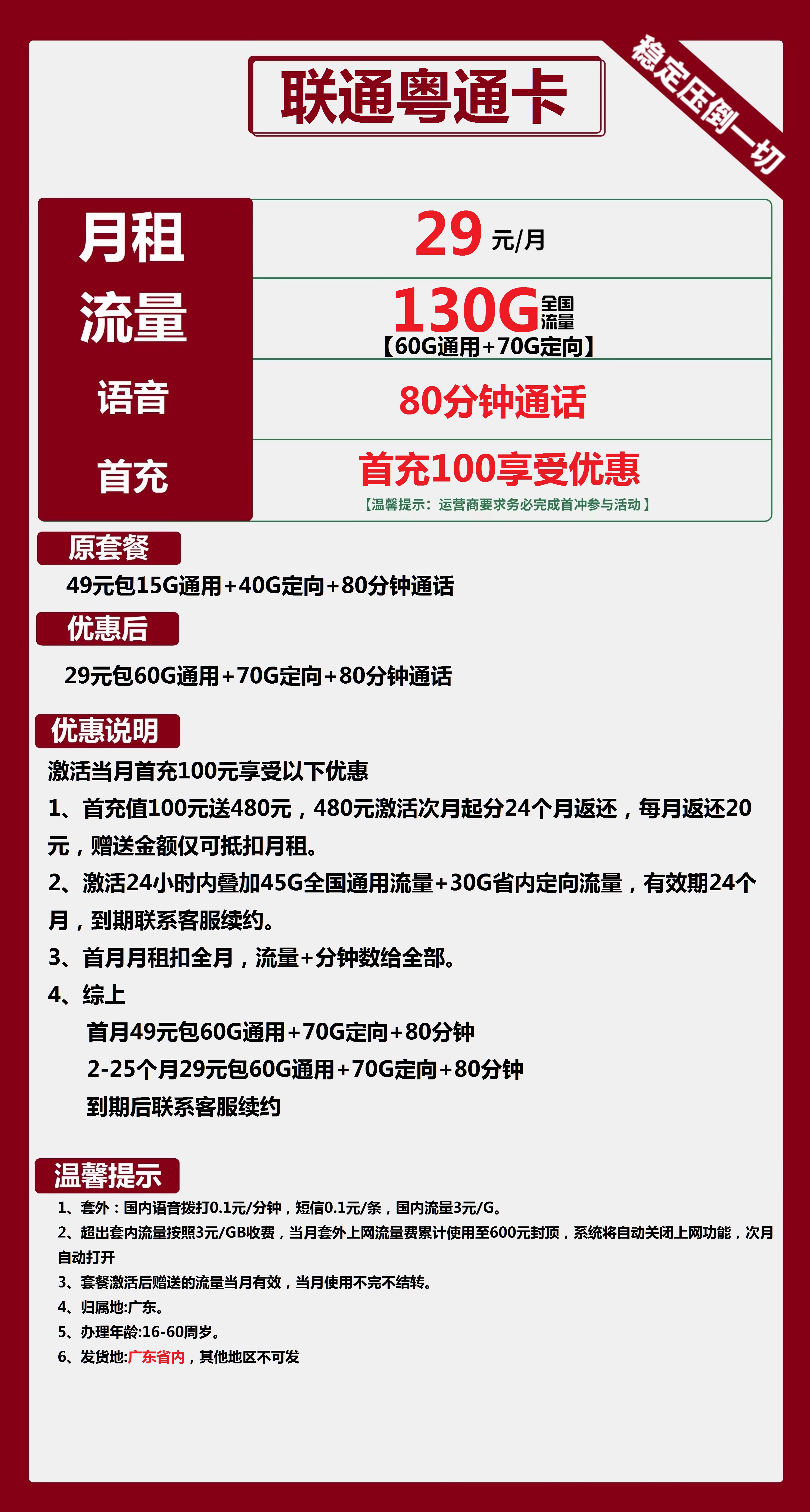 联通粤通卡29元包60G通用+70G定向+80分钟通话