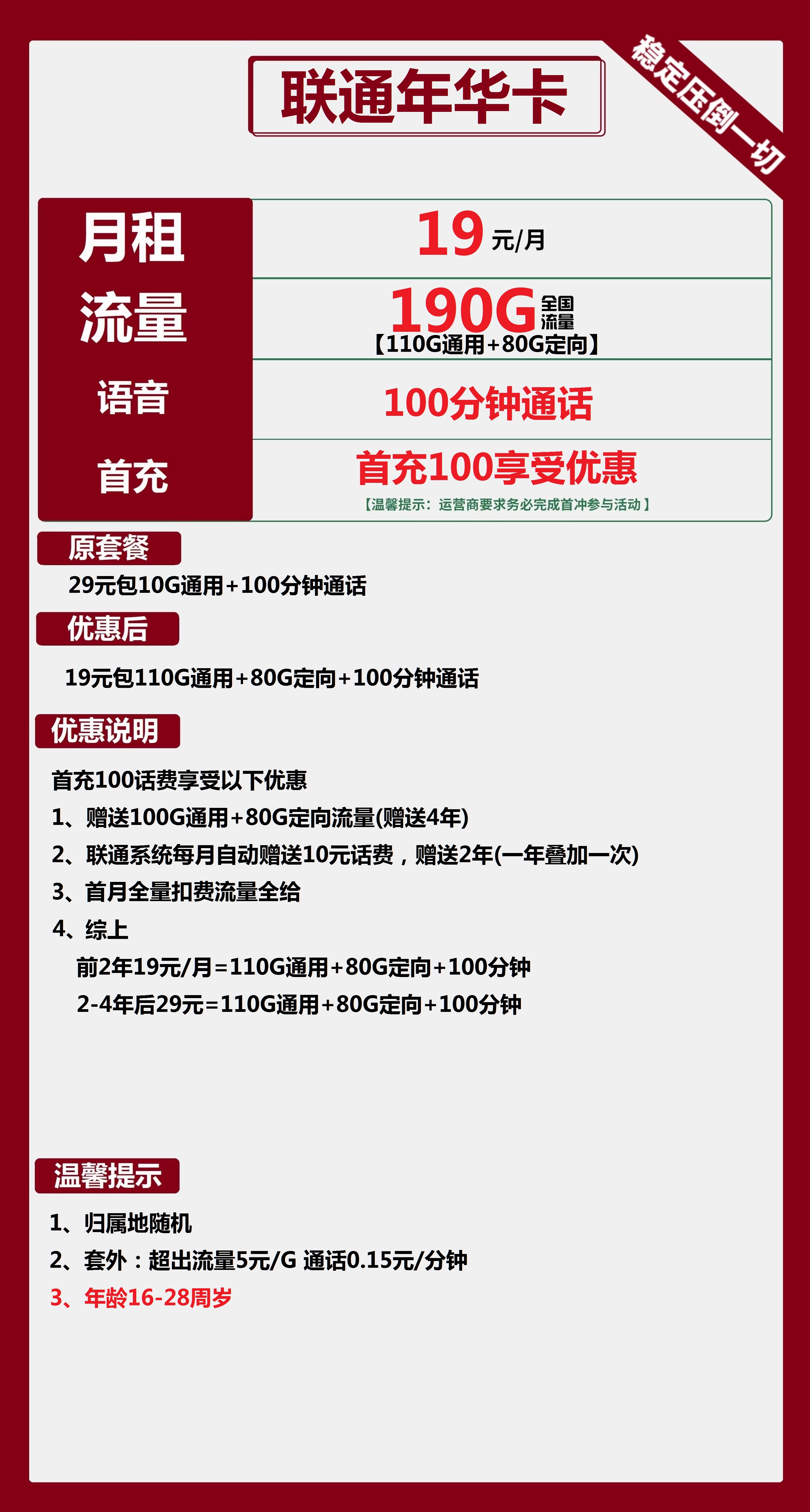 联通年华卡19元包110G通用+80G定向+100分钟通话