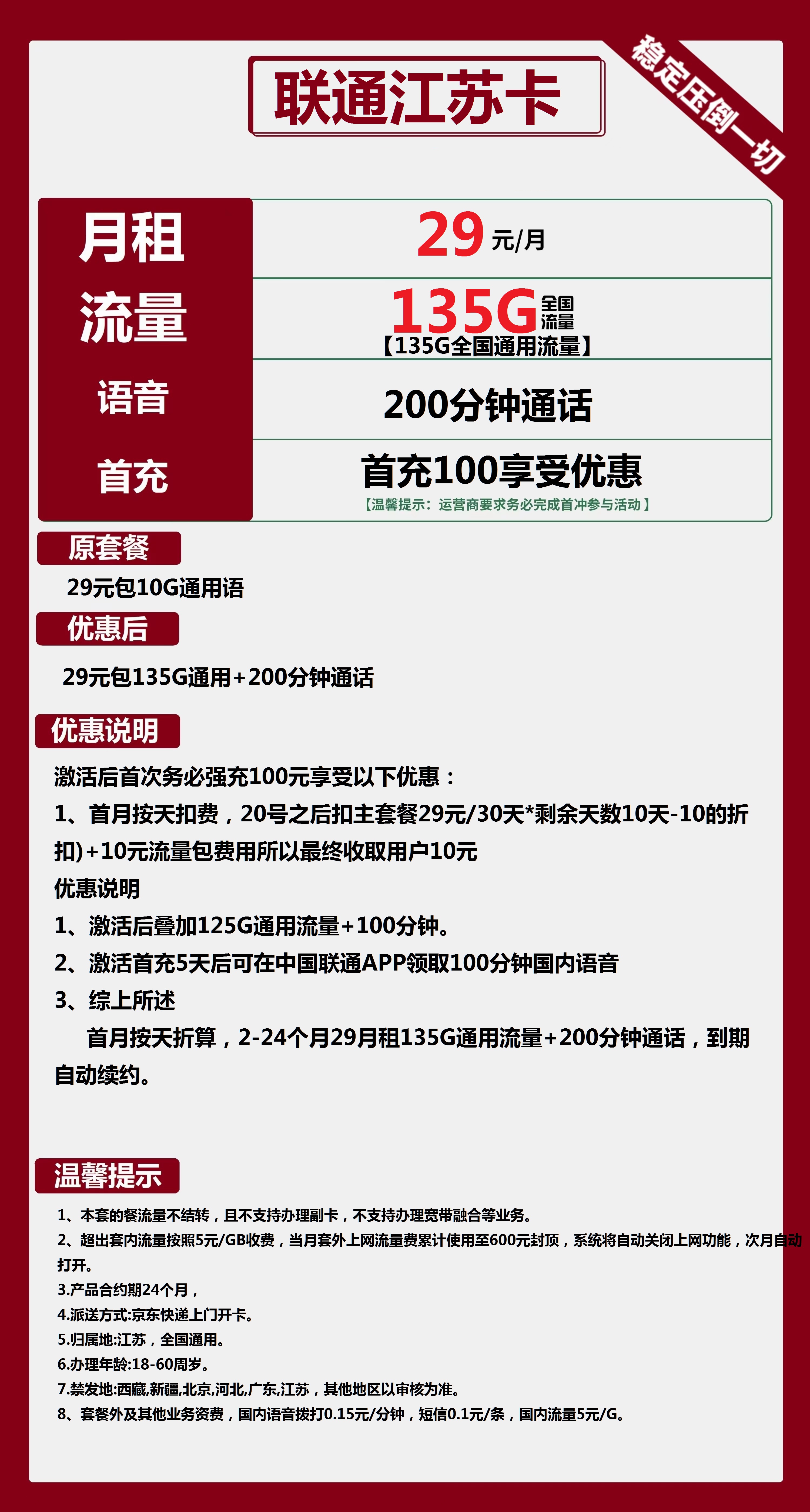联通江苏卡29元包135G通用+200分钟通话