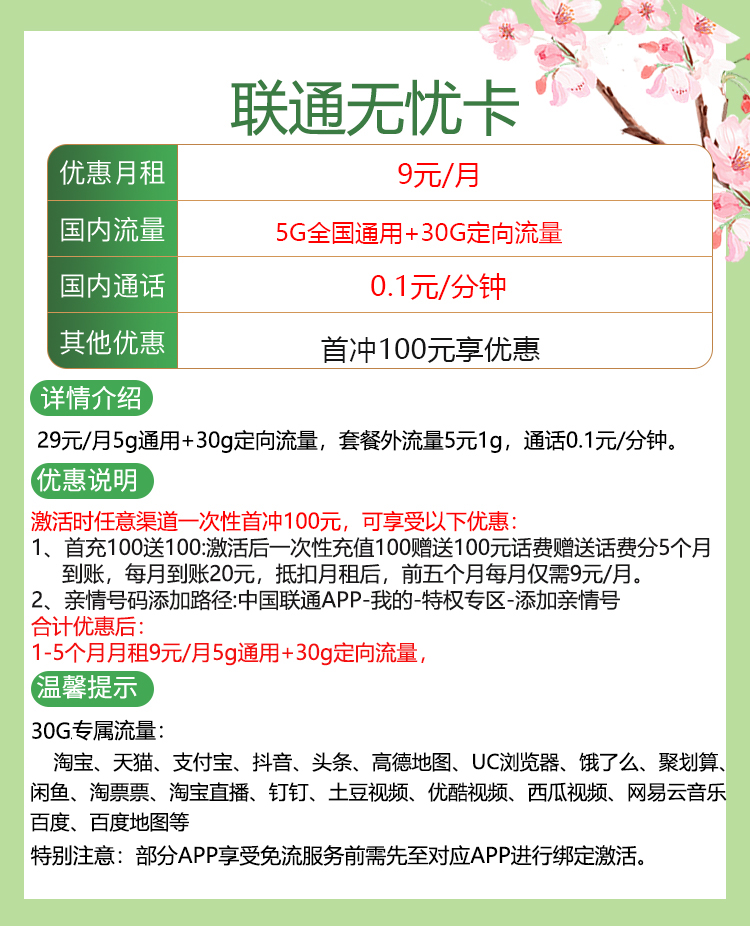 联通无忧卡9元包5G通用+30G定向+通话0.1元/分钟