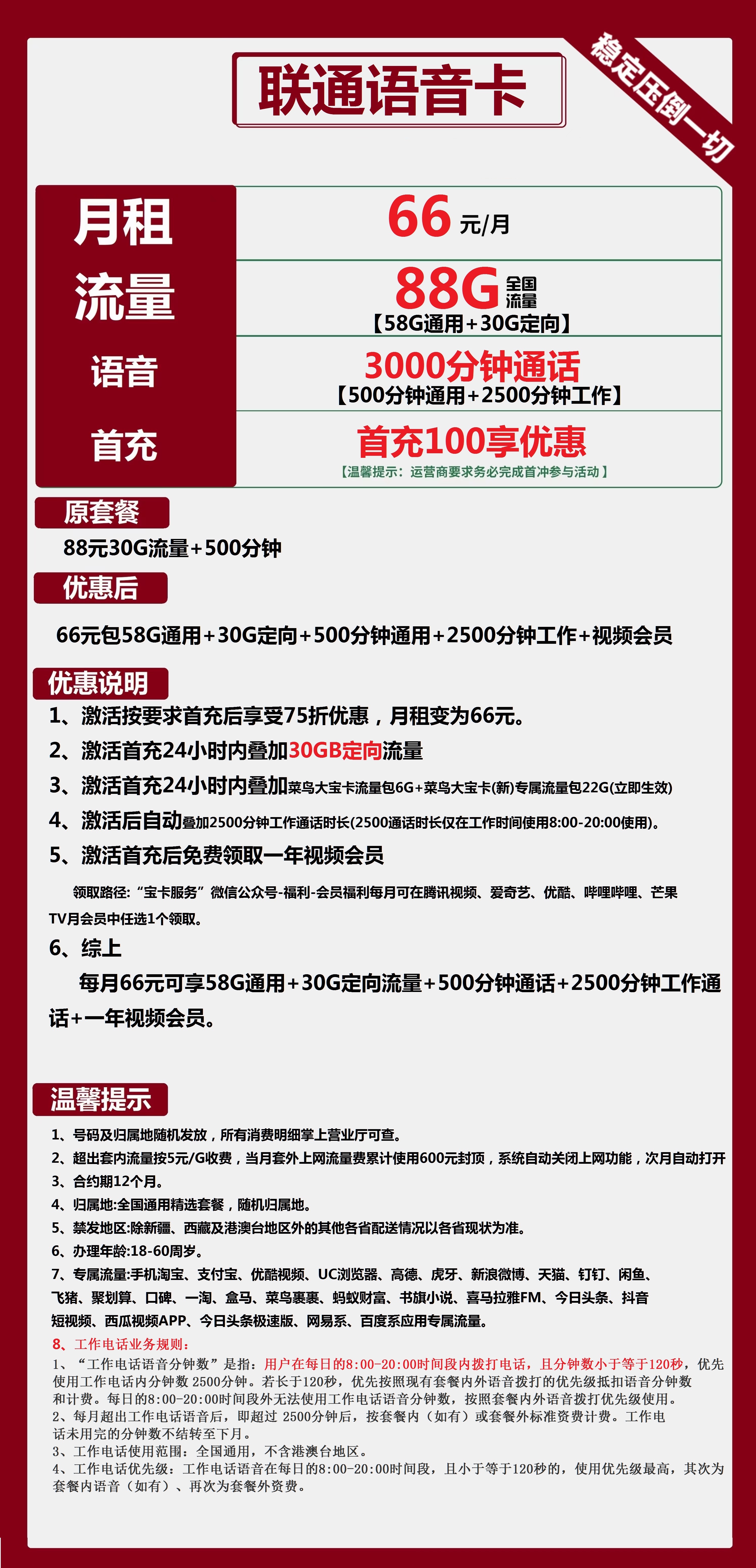 联通语音卡66元包58G通用+30G定向+3000分钟通话+视频会员