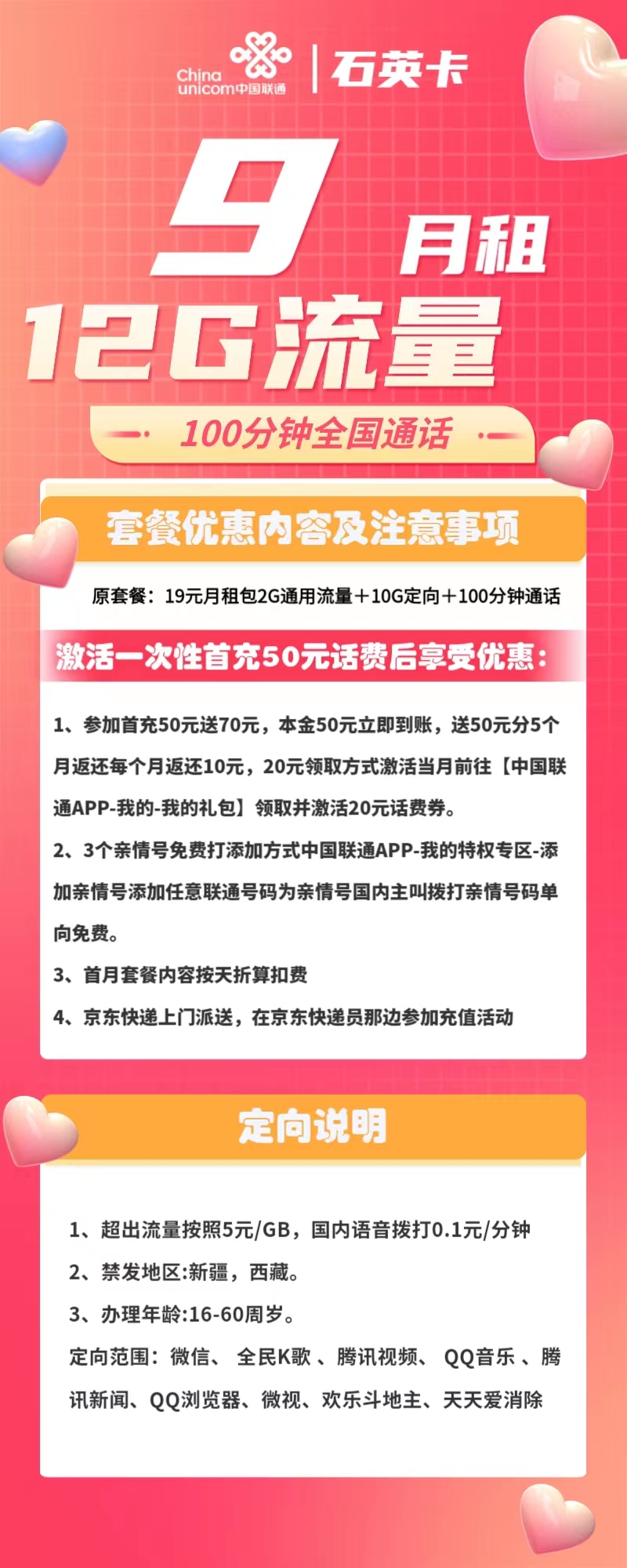 联通石英卡9元包2G通用+10G定向+100分钟通话