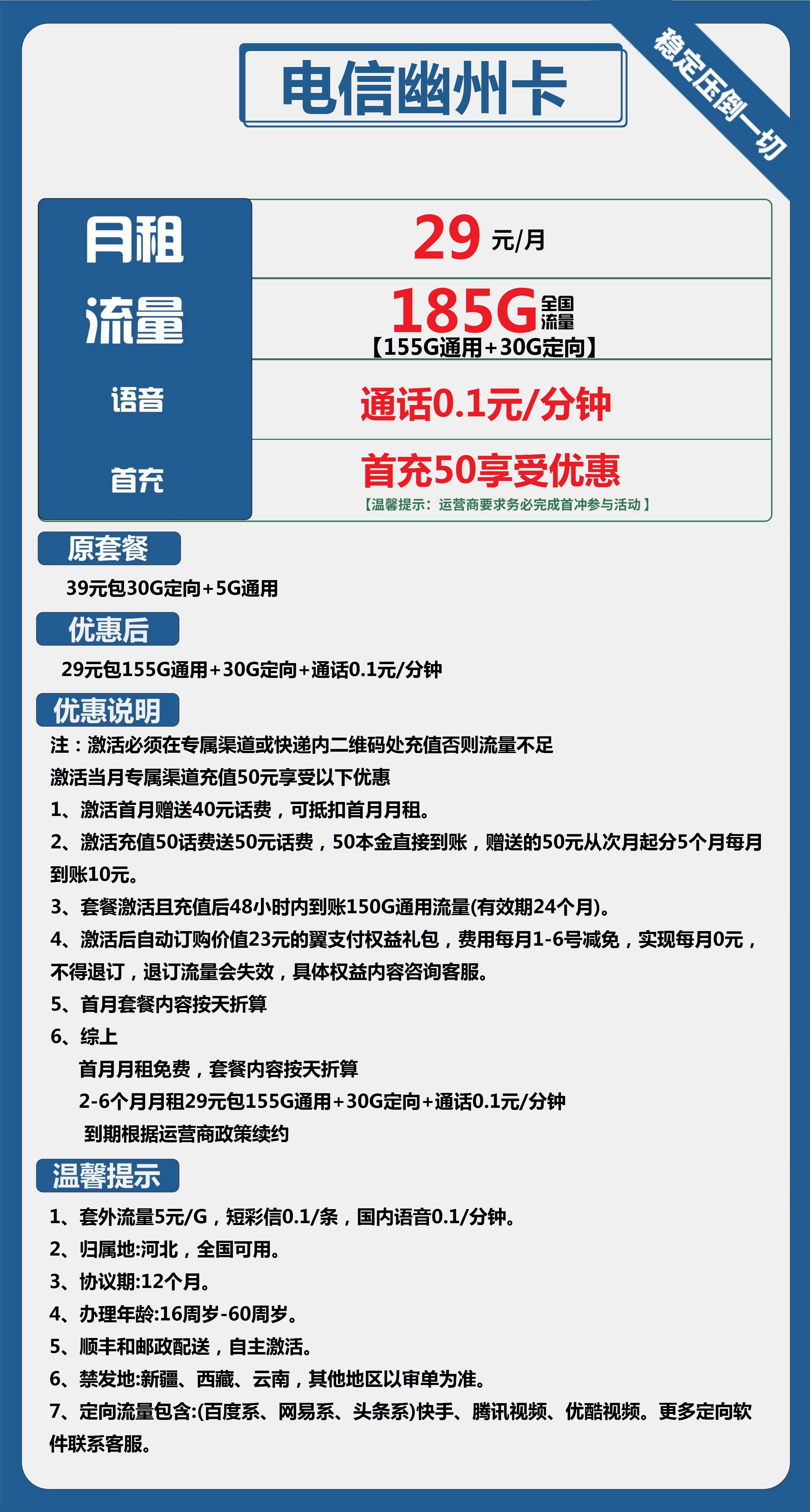 电信幽州卡29元包155G通用+30G定向+通话0.1元/分钟