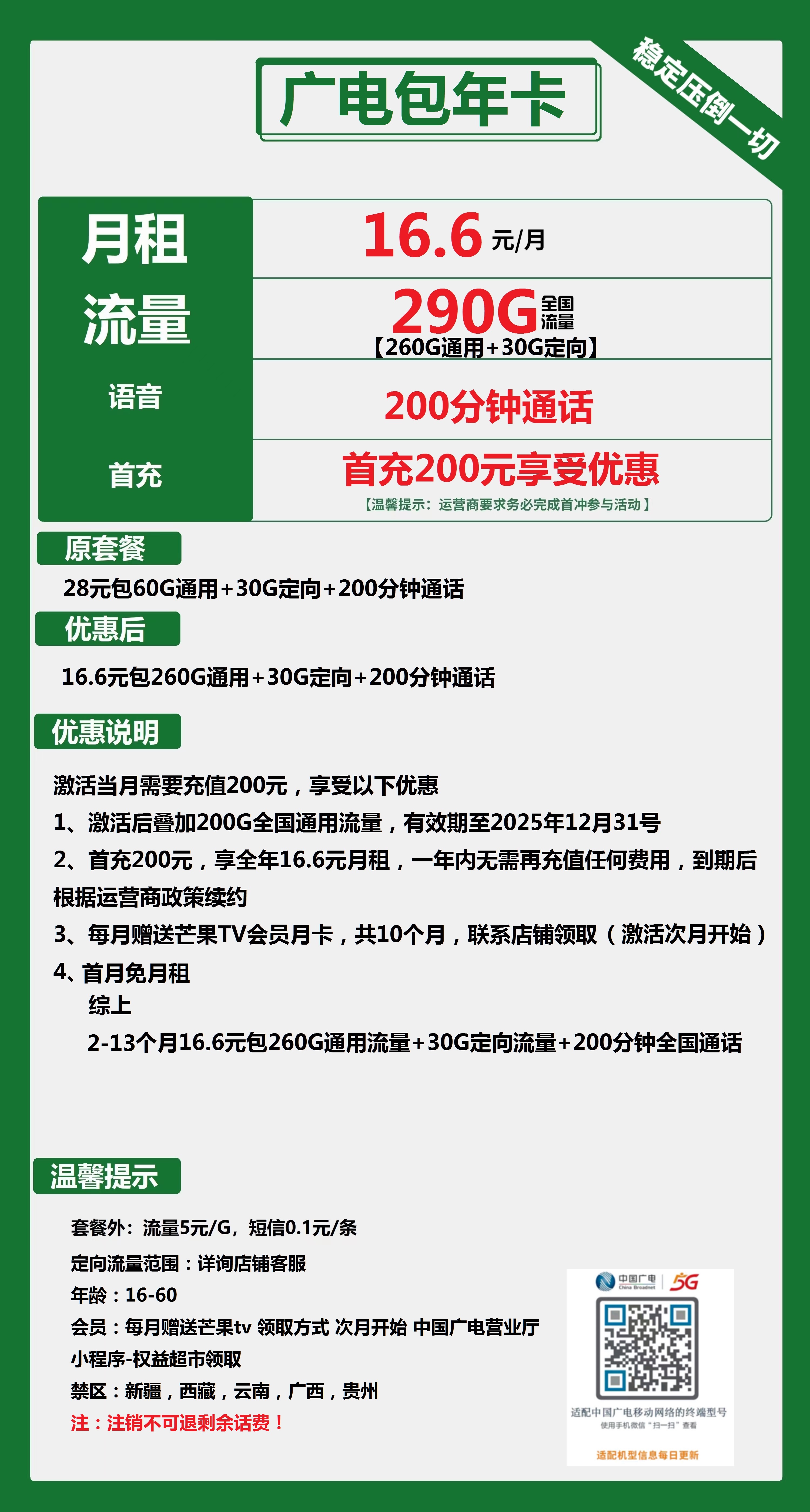 广电包年卡16.6元包260G通用+30G定向+200分钟通话