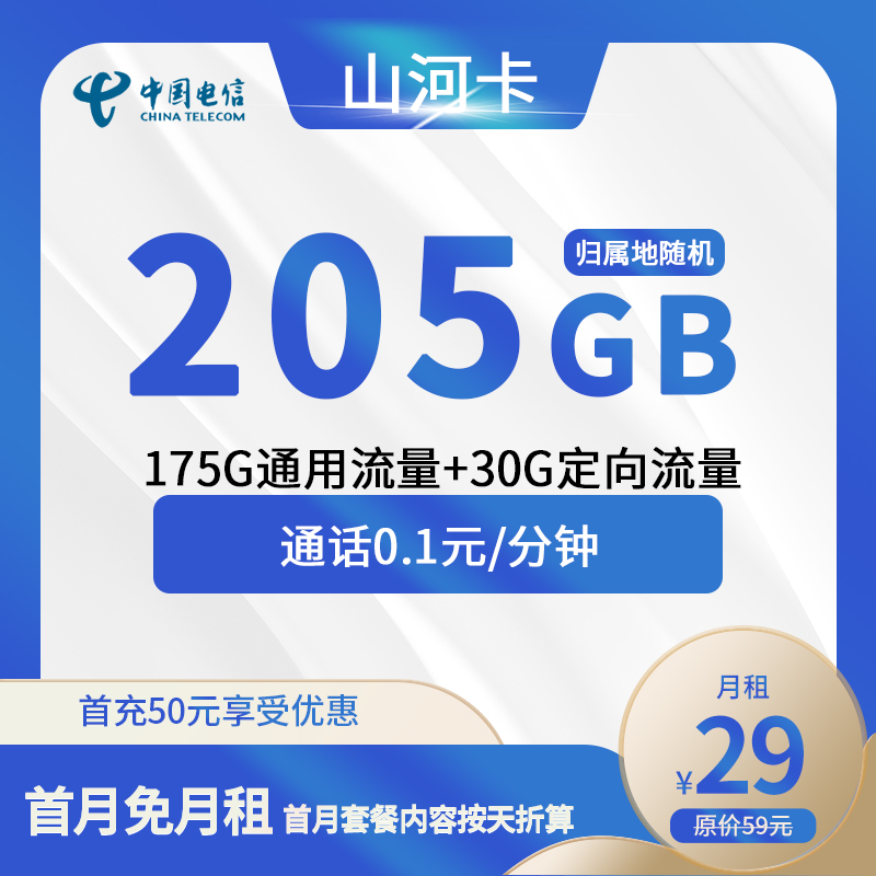 电信山河卡29元包175G通用+30G定向+通话0.1元/分钟