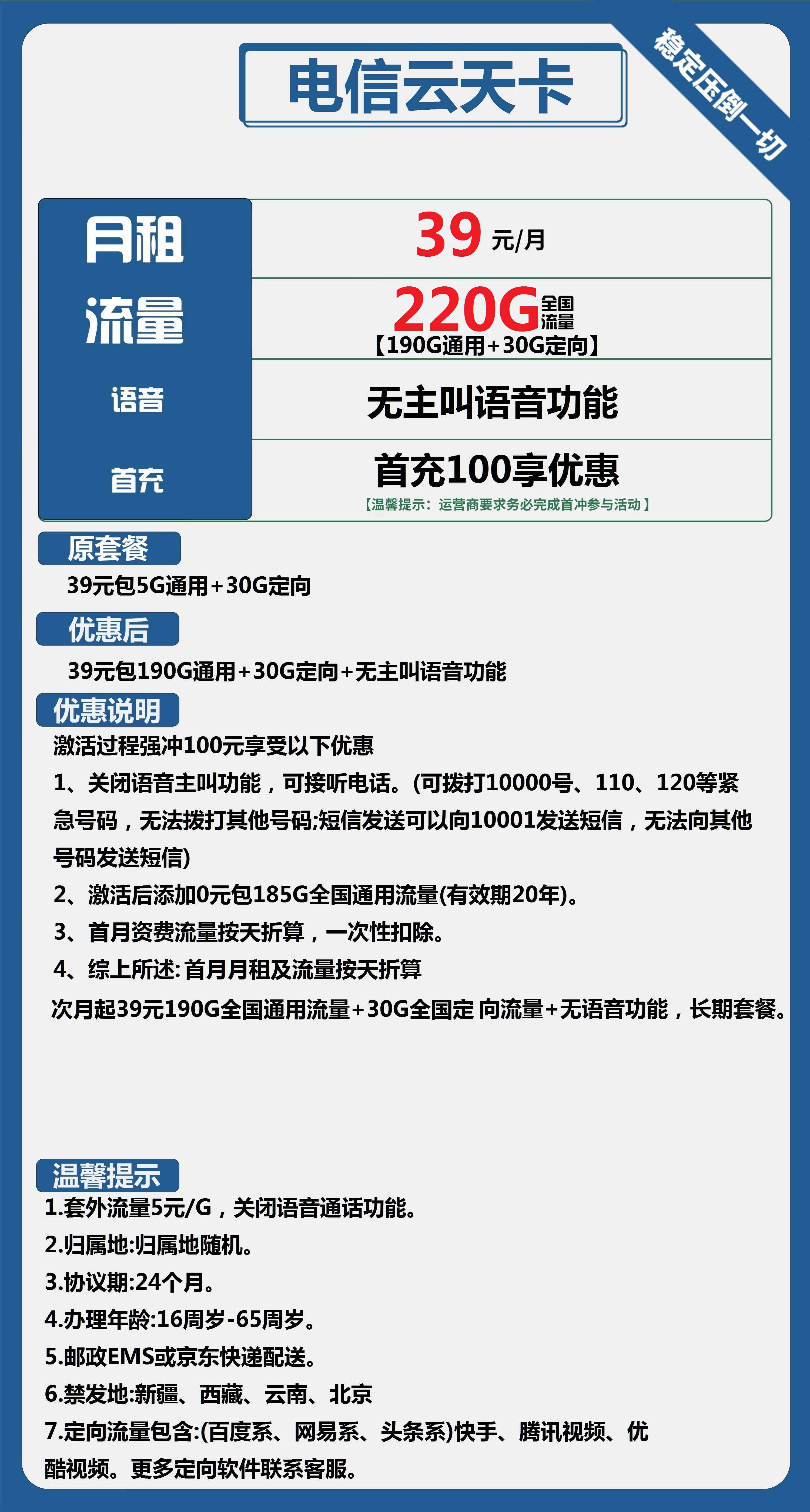 电信云天卡39元包190G通用+30G定向+无主叫语音功能