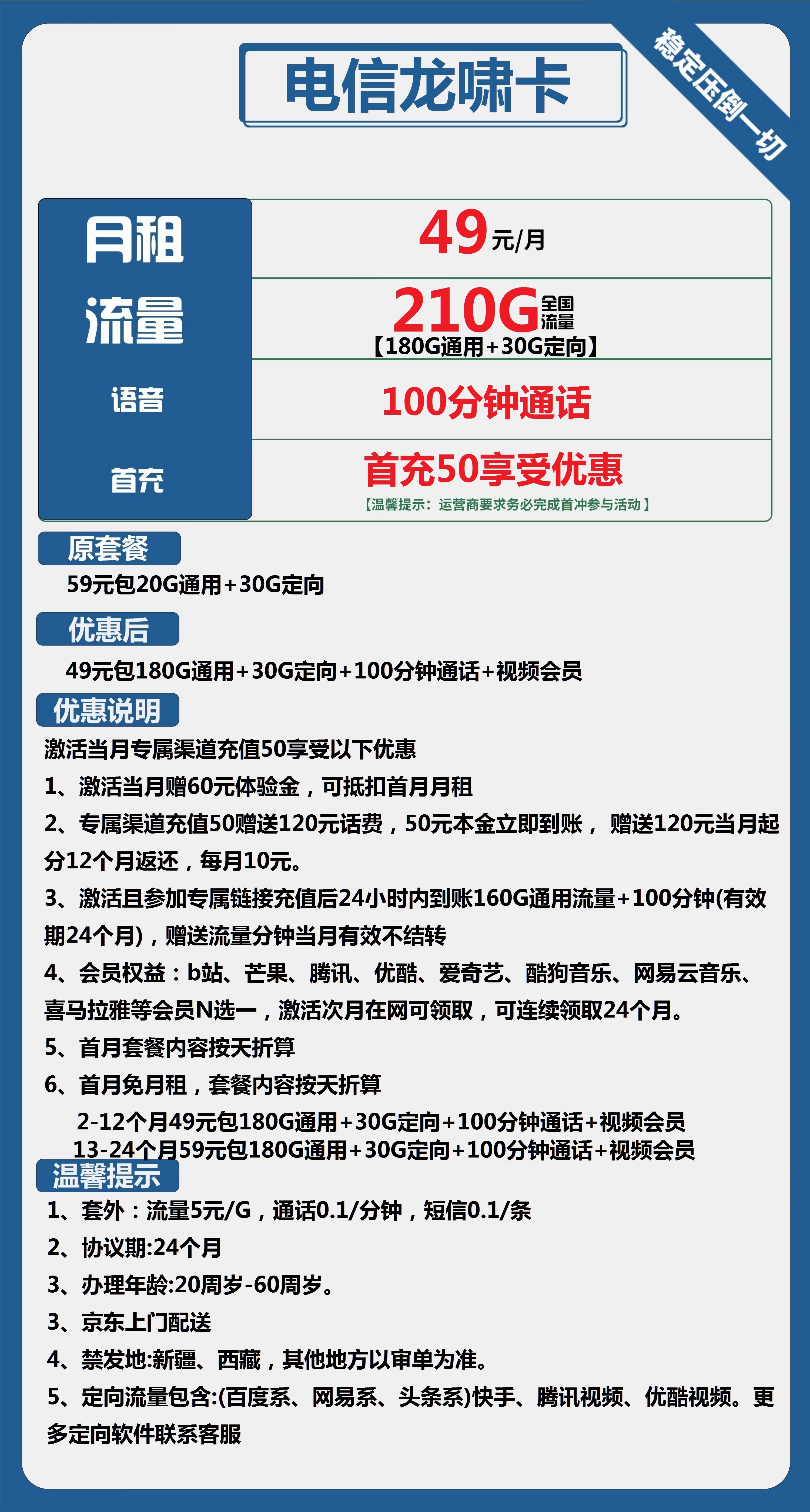电信龙啸卡49元包180G通用+30G定向+100分钟通话+视频会员
