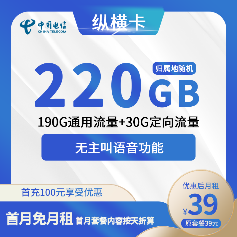 电信纵横卡39元包190G通用+30G定向+无主叫语音功能