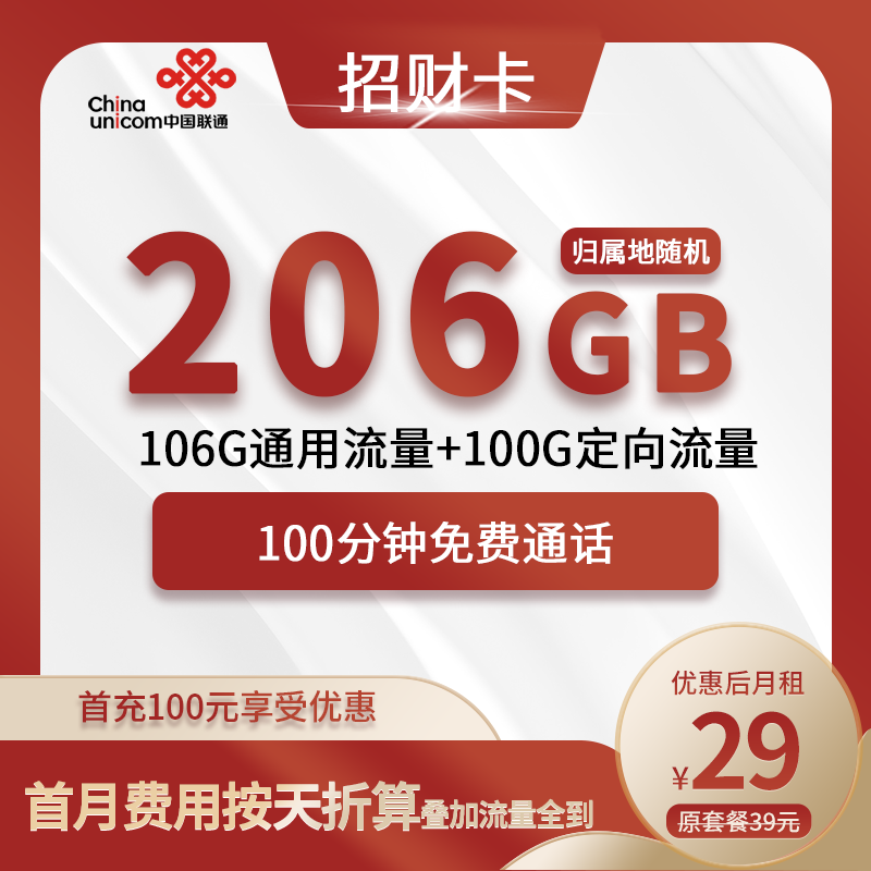 联通招财卡29元包106G通用+100G定向+100分钟通话