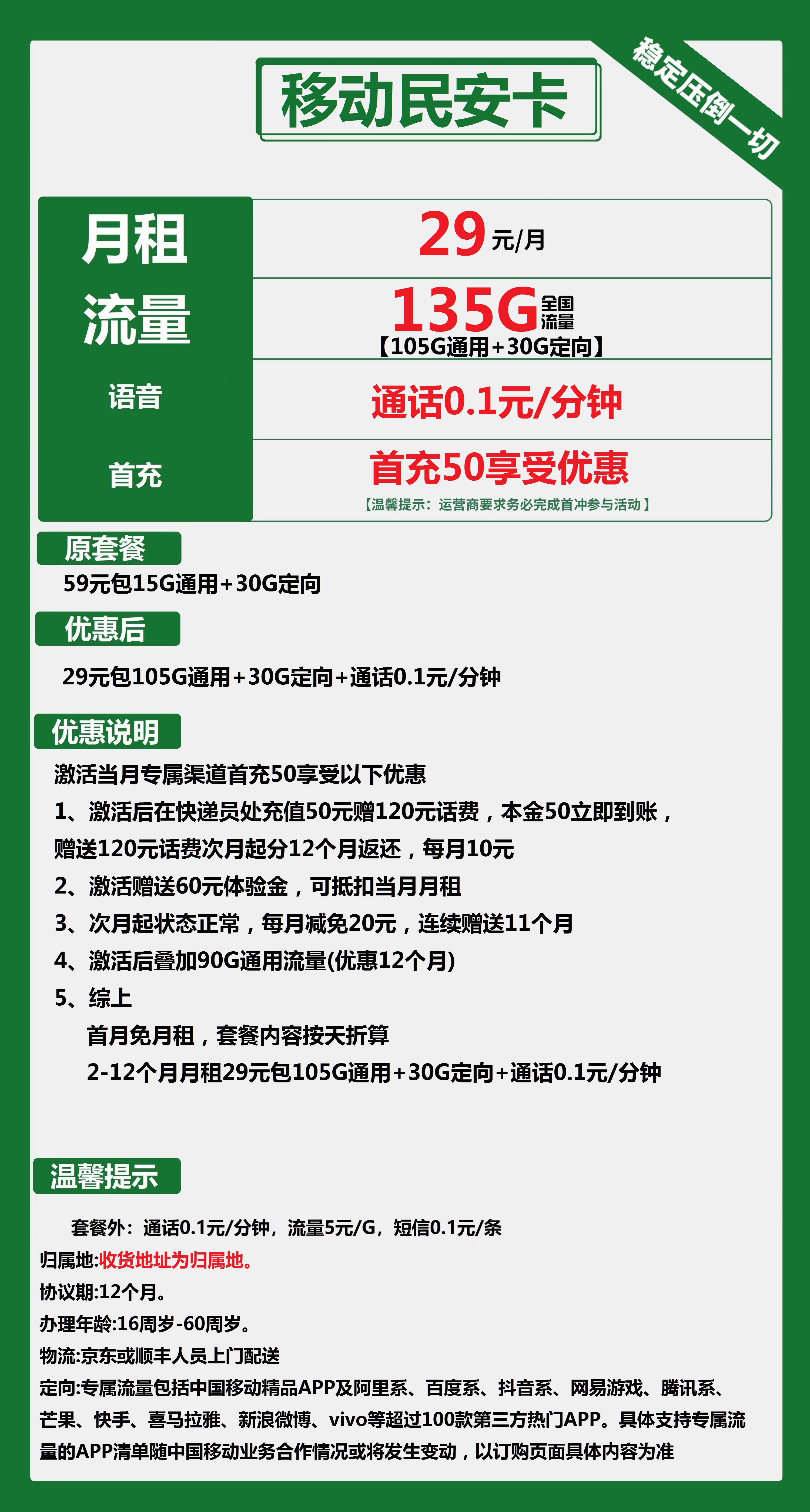 移动民安卡29元包105G通用+30G定向+通话0.1元/分钟