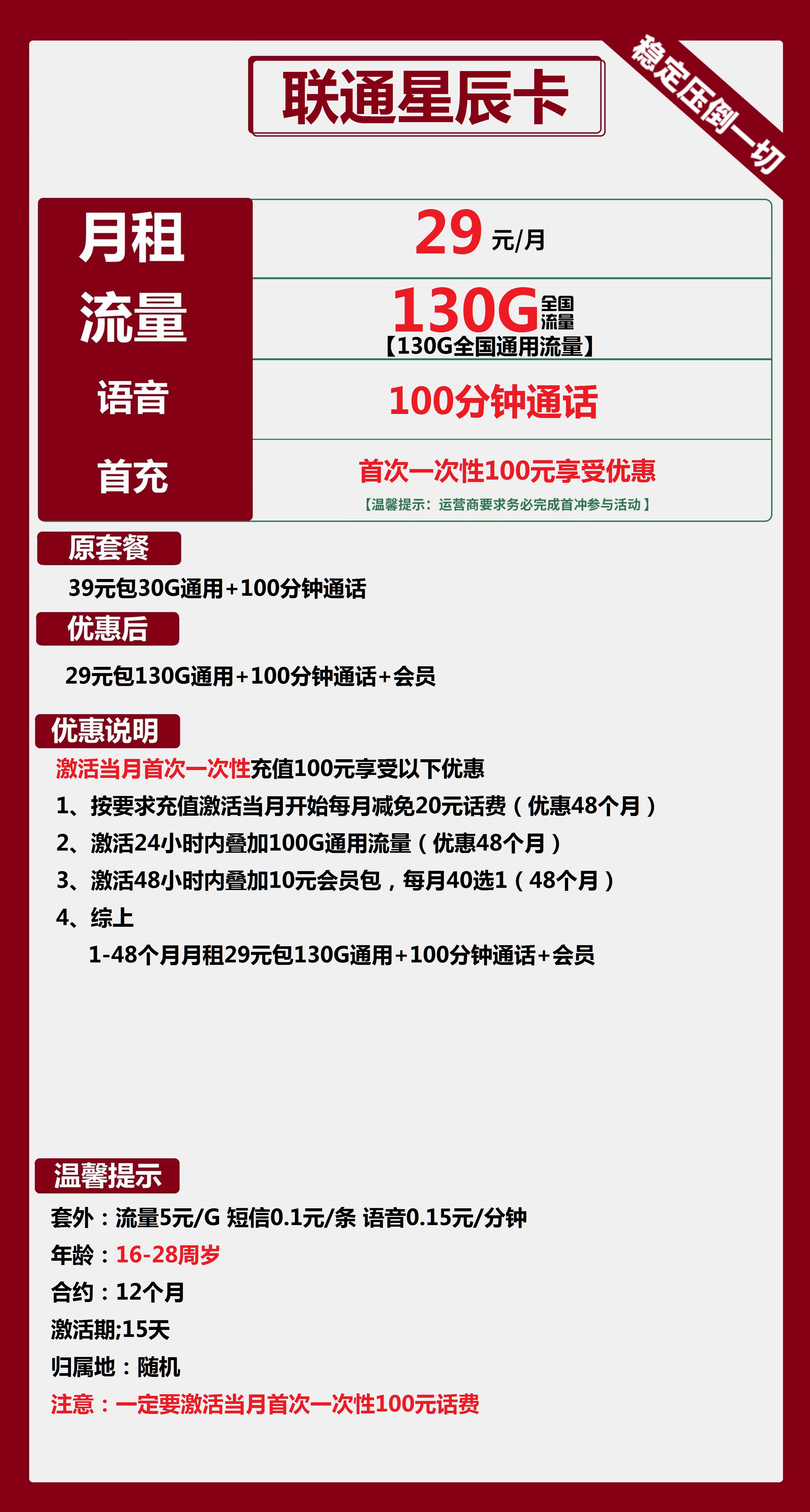 联通星辰卡29元包130G通用+100分钟通话+会员