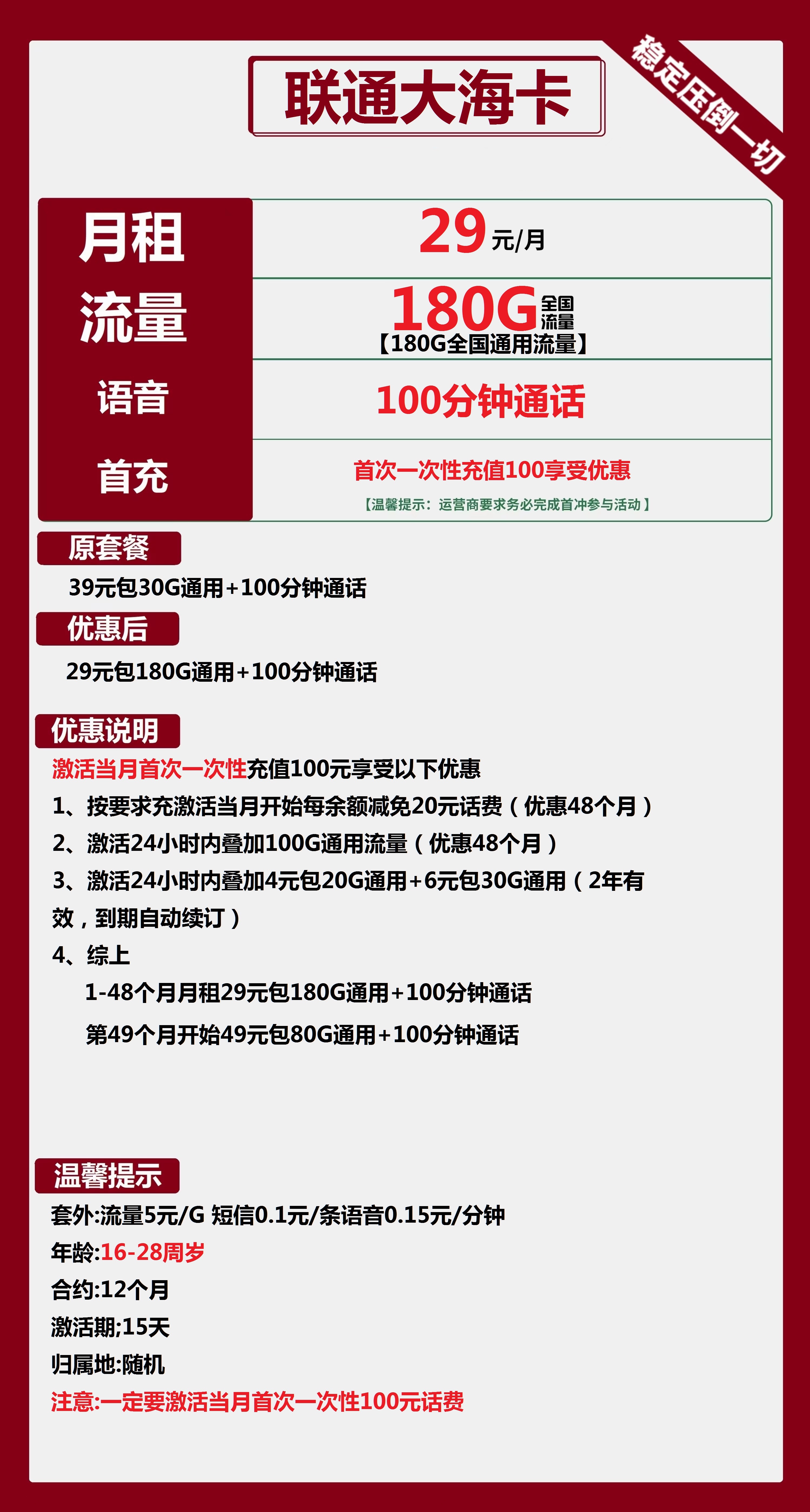 联通大海卡29元包180G通用+100分钟通话