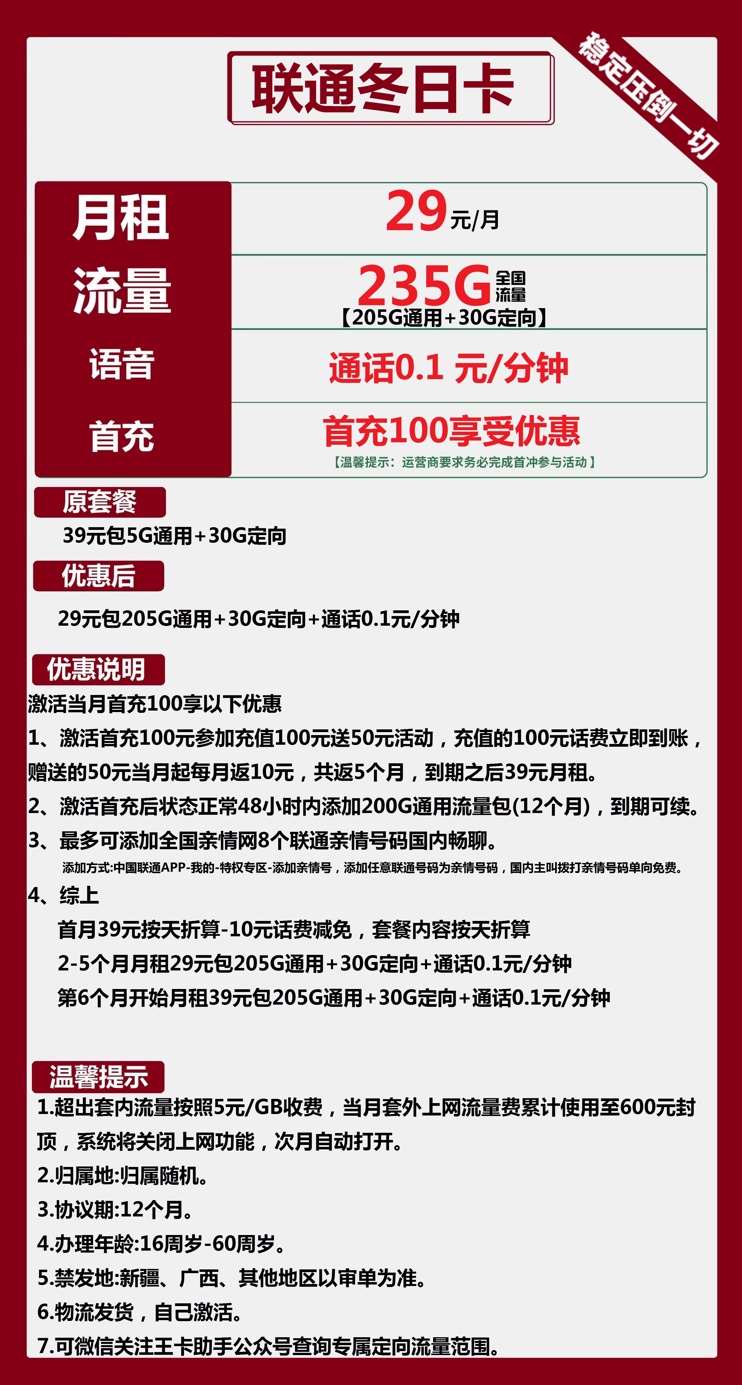 联通冬日卡29元包205G通用+30G定向+通话0.1元/分钟