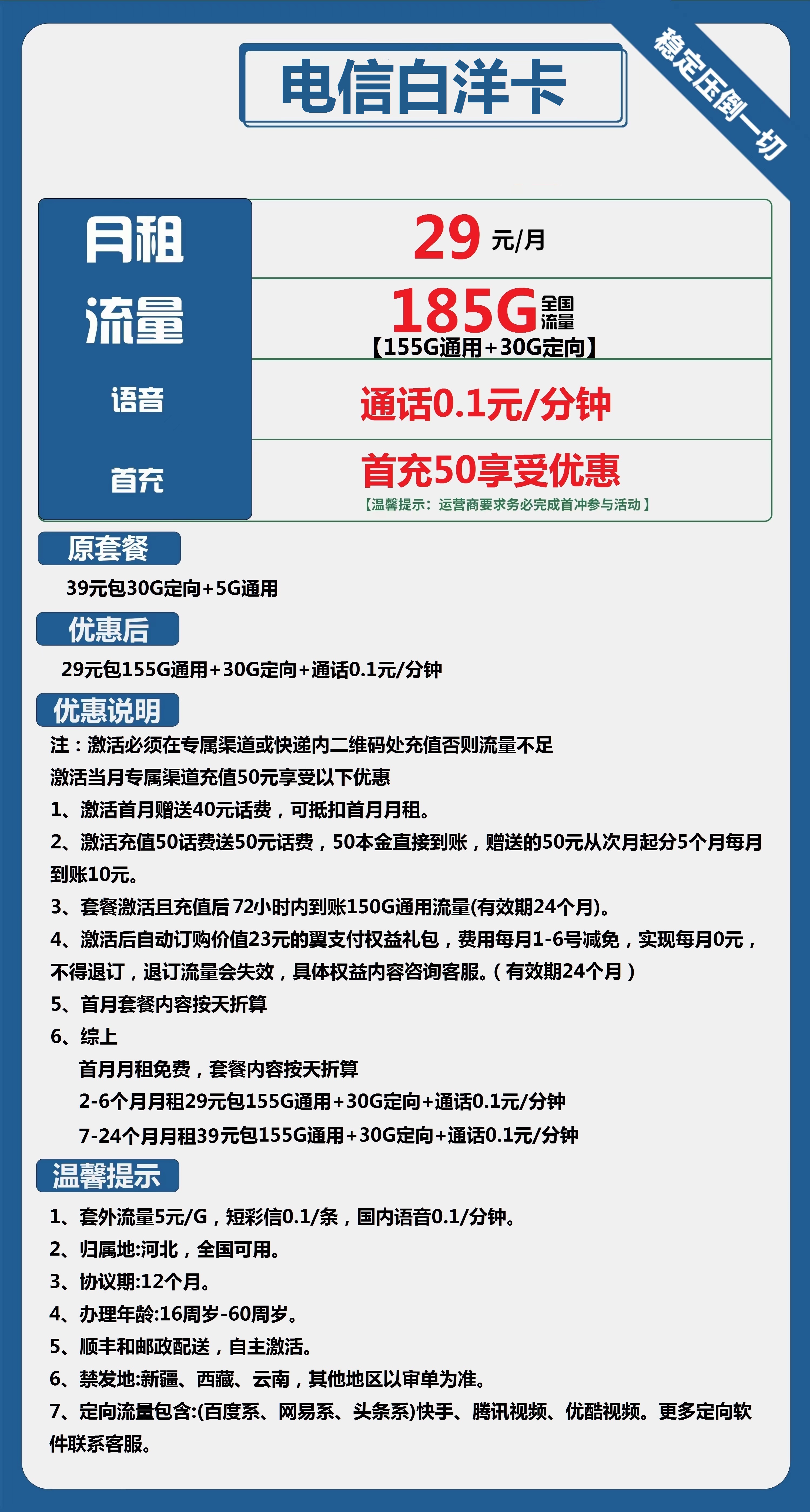 电信白洋卡29元包155G通用+30G定向+通话0.1元/分钟