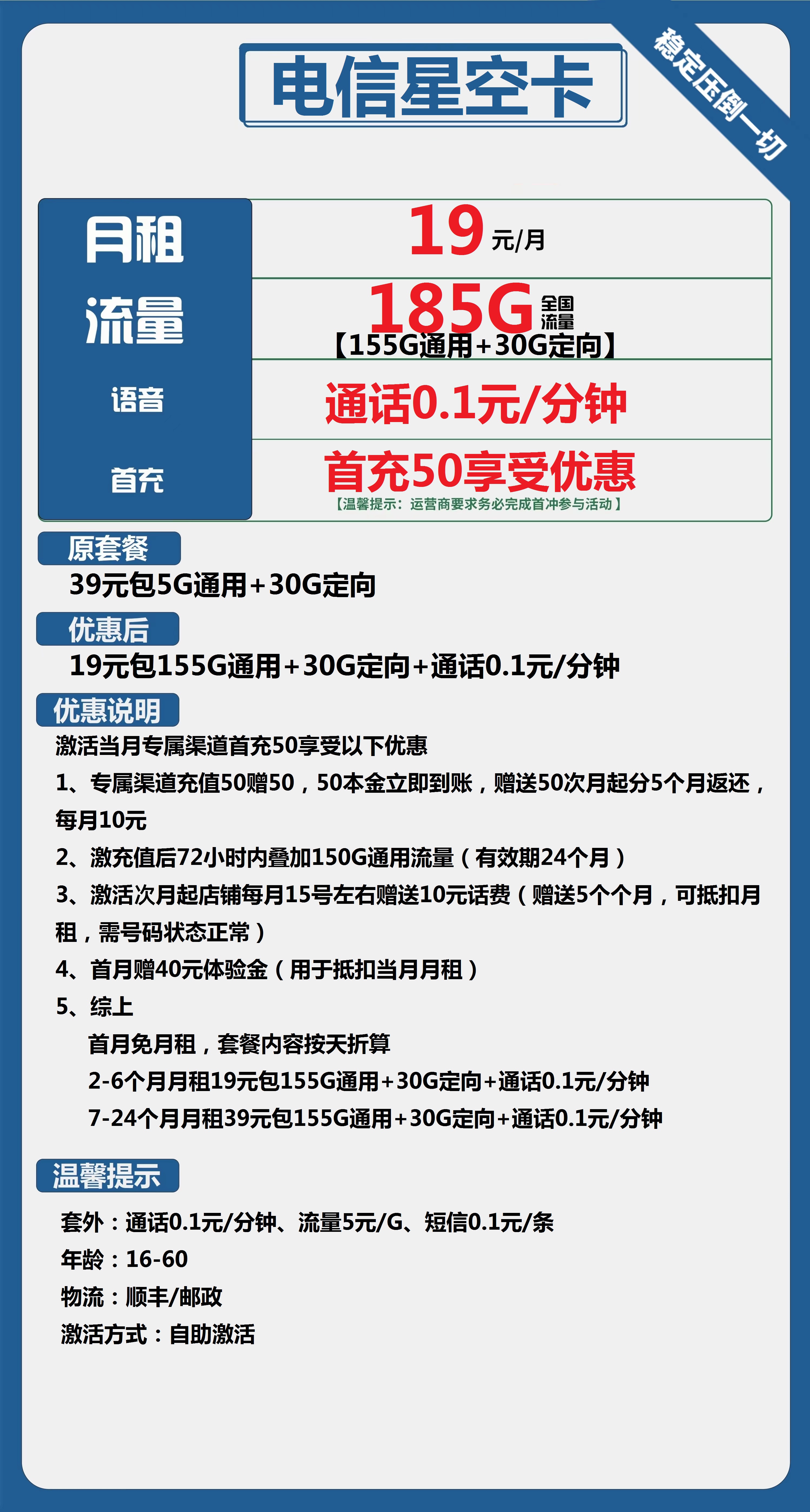 电信星空卡19元包155G通用+30G定向+通话0.1元/分钟