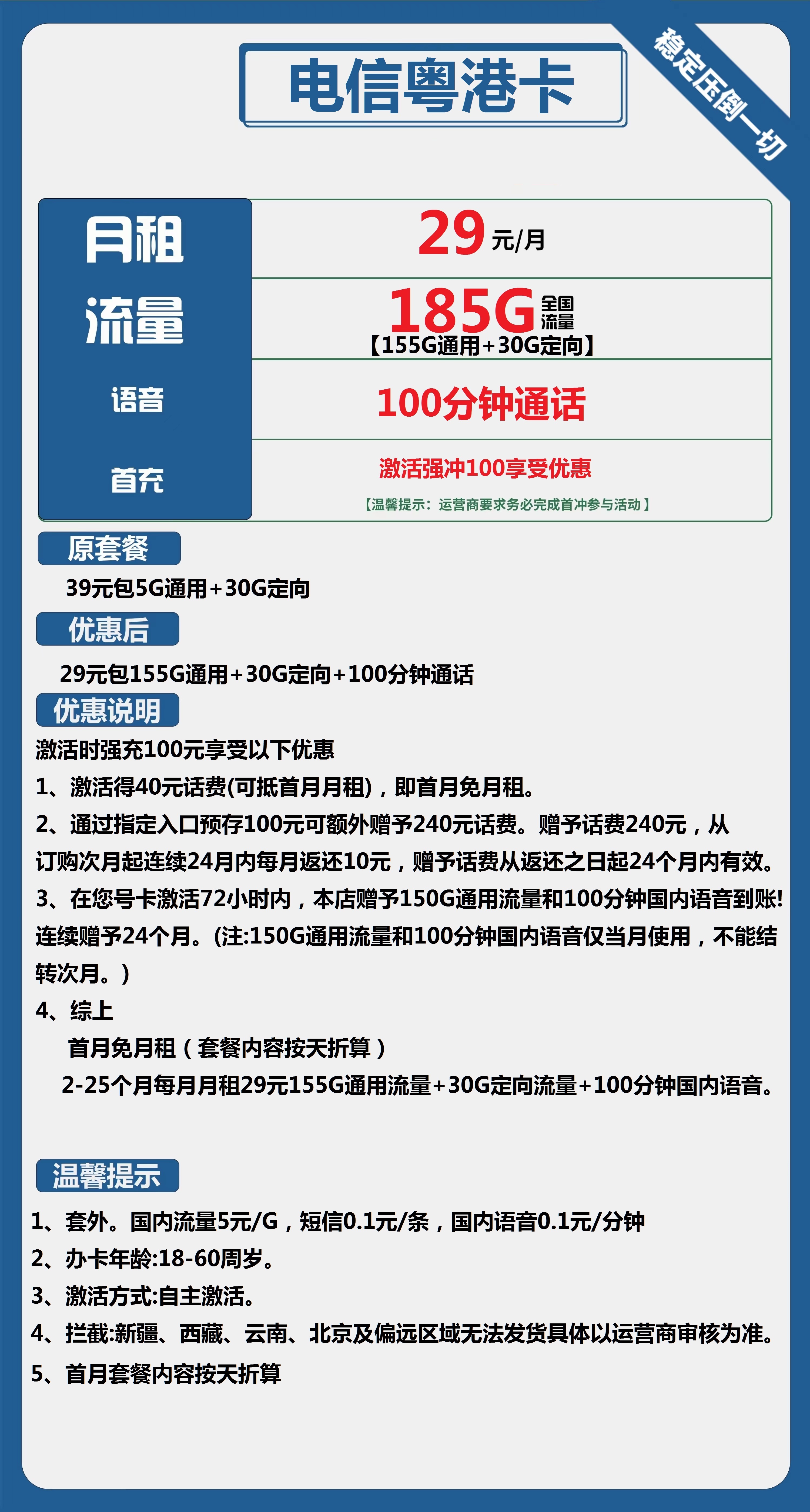 电信粤港卡29元包155G通用+30G定向+100分钟通话