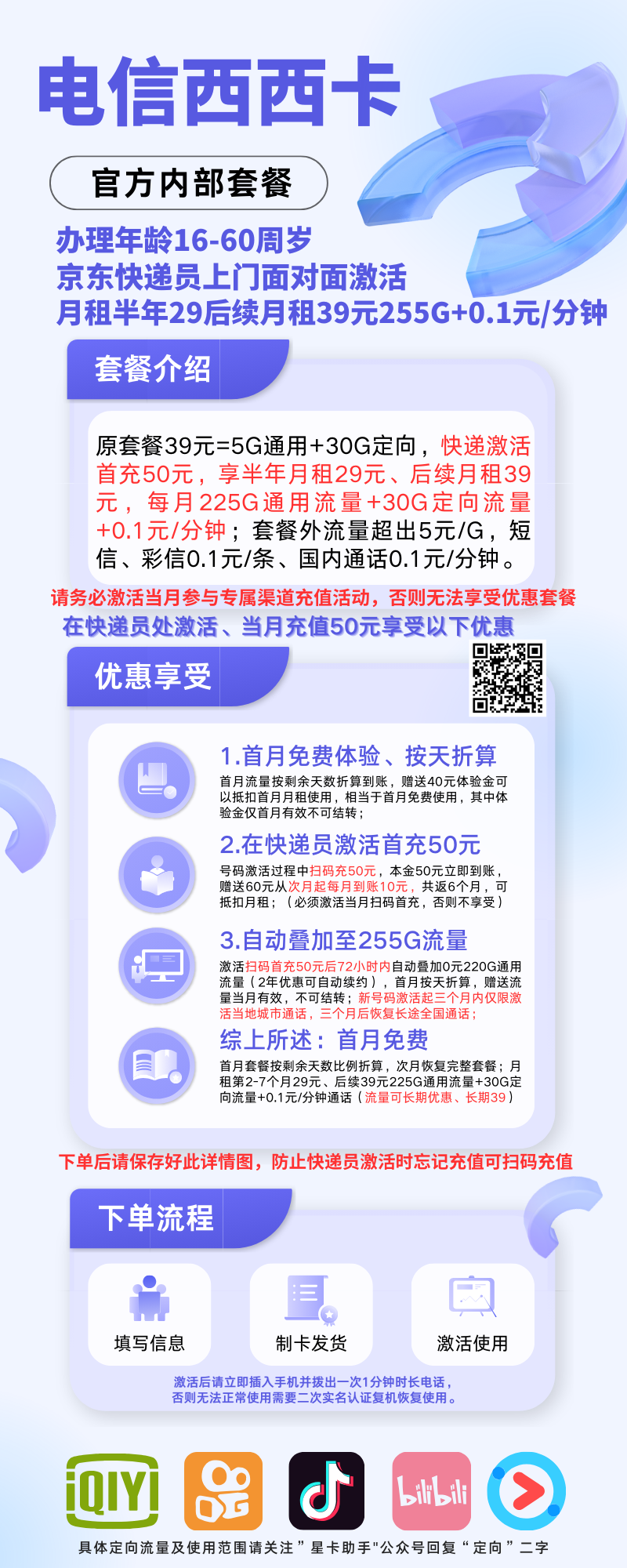 中国电信西西卡29元255G全国流量+0.1元/分钟