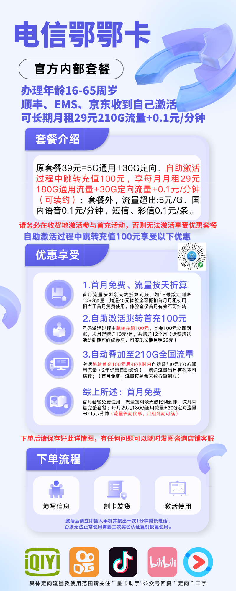 MF中国电信鄂鄂卡29元210G全国流量+0.1元/分钟国内通话（ 首月免月租，长期套餐）