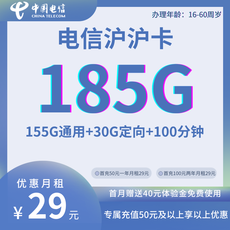 中国电信沪沪卡29元包185G全国流量+100分钟