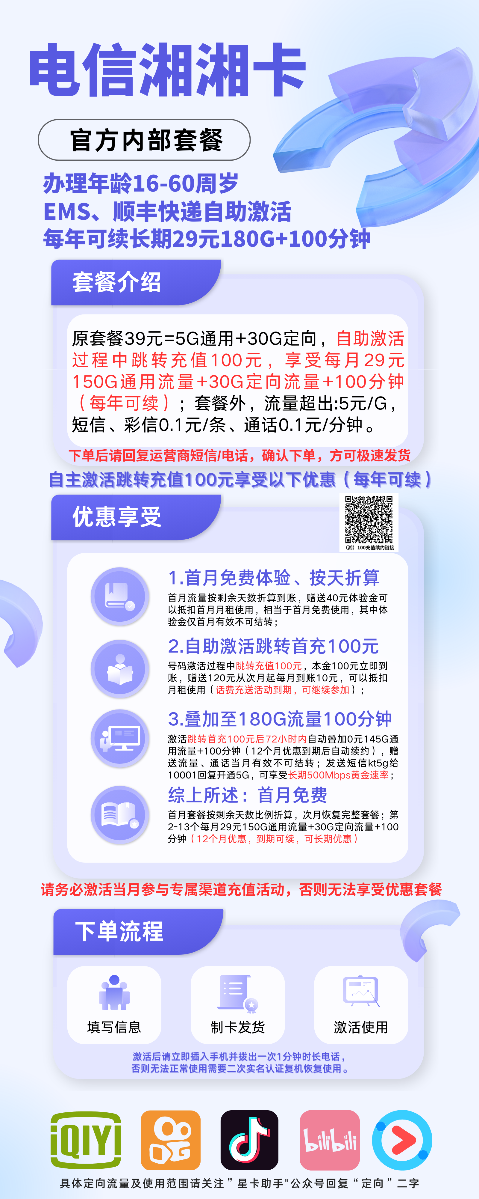 中国电信湘湘卡29元150G通用流量+30G定向流量+100分钟通话 长期套餐