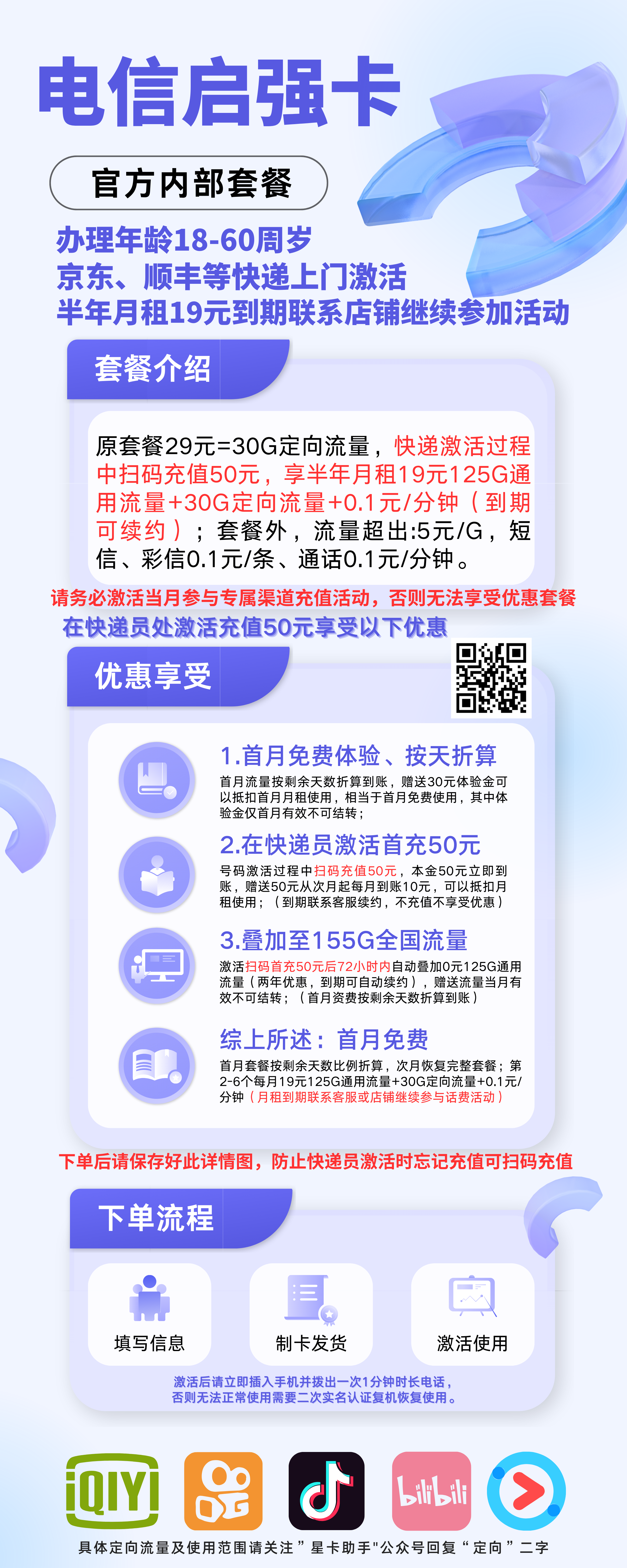 中国电信启强卡②19元155G全国流量+0.1元/分钟国内通话