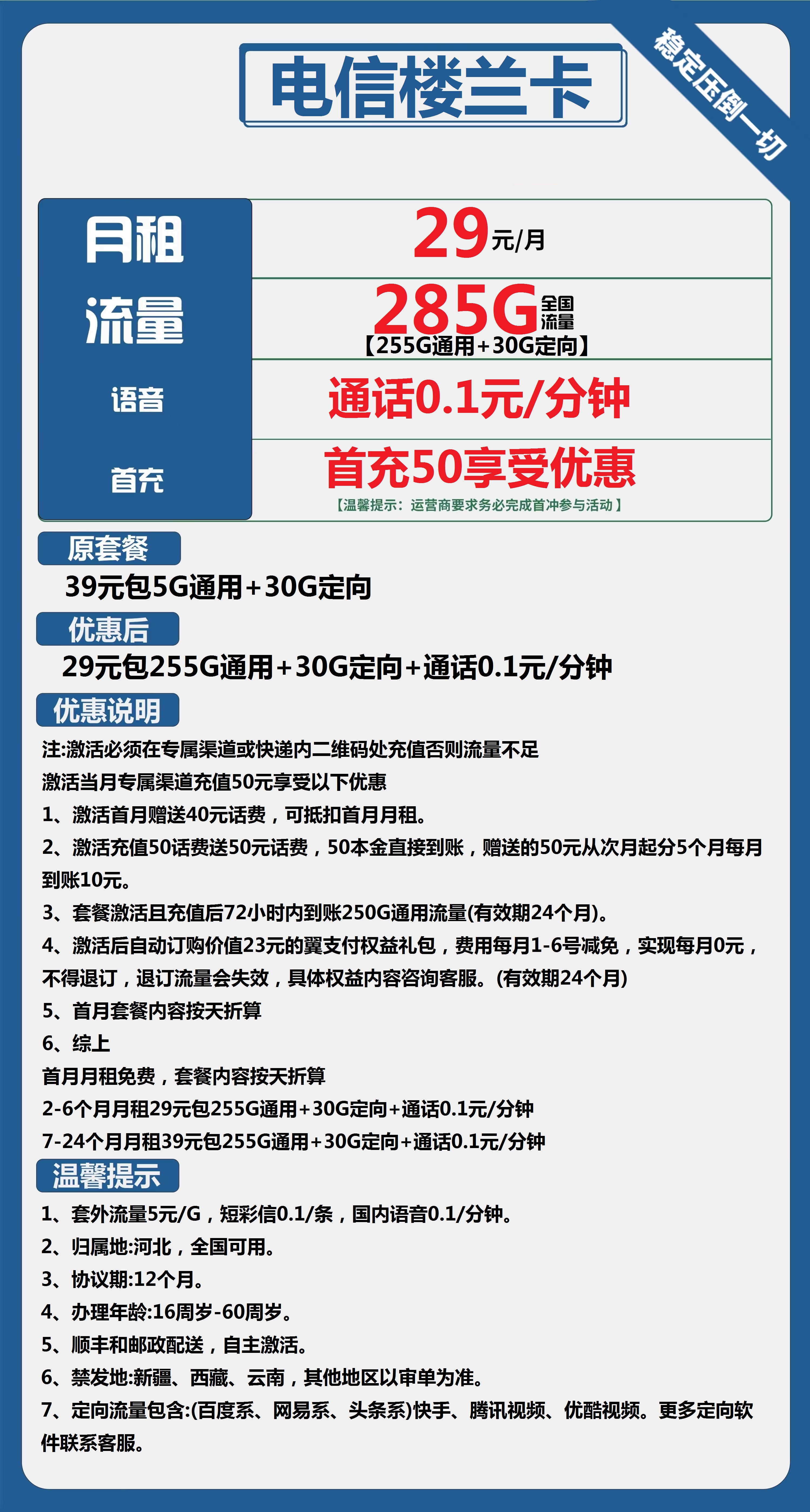 电信楼兰卡29元包255G通用+30G定向+通话0.1元/分钟