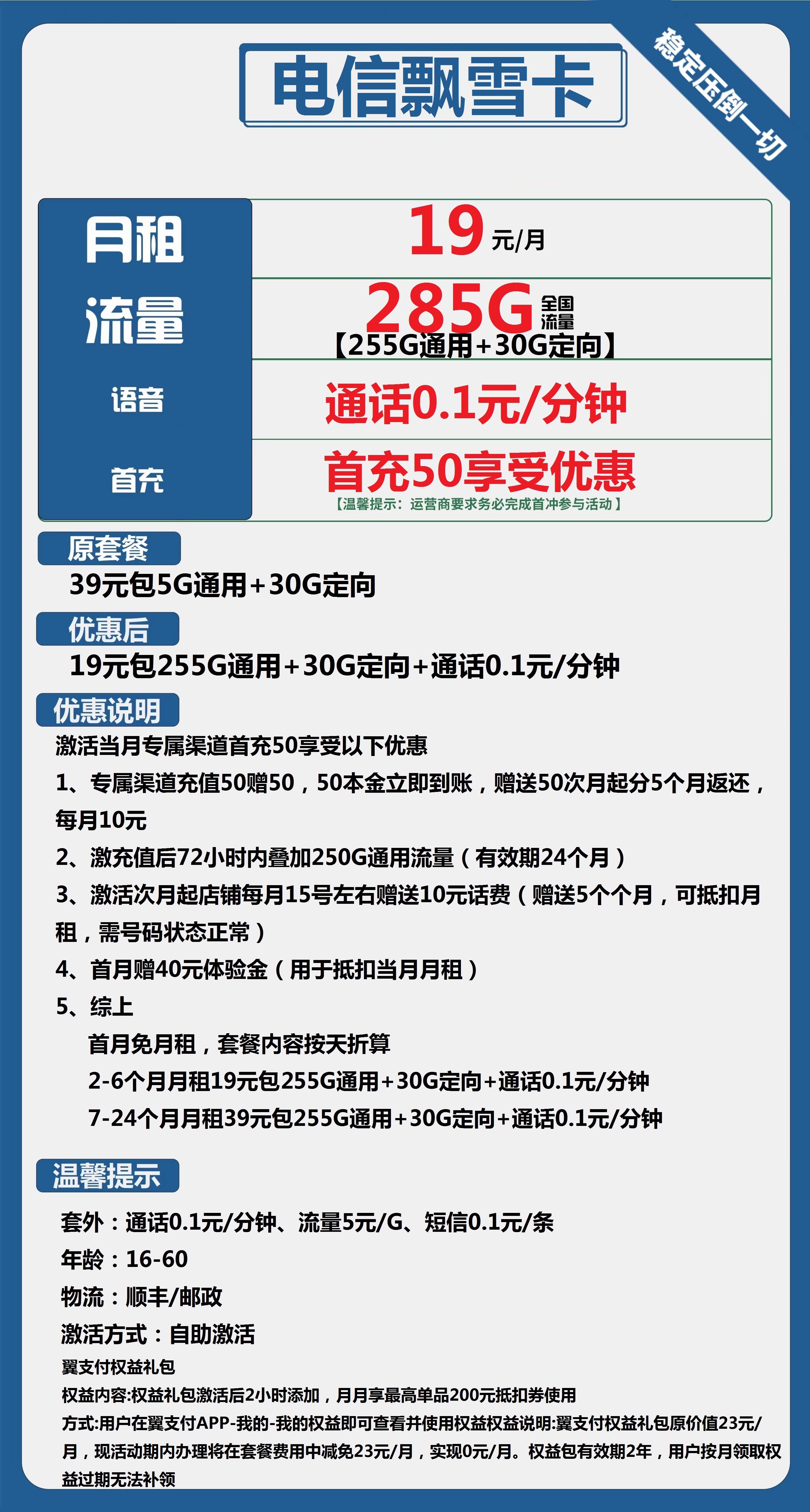 电信飘雪卡19元包255G通用+30G定向+通话0.1元/分钟