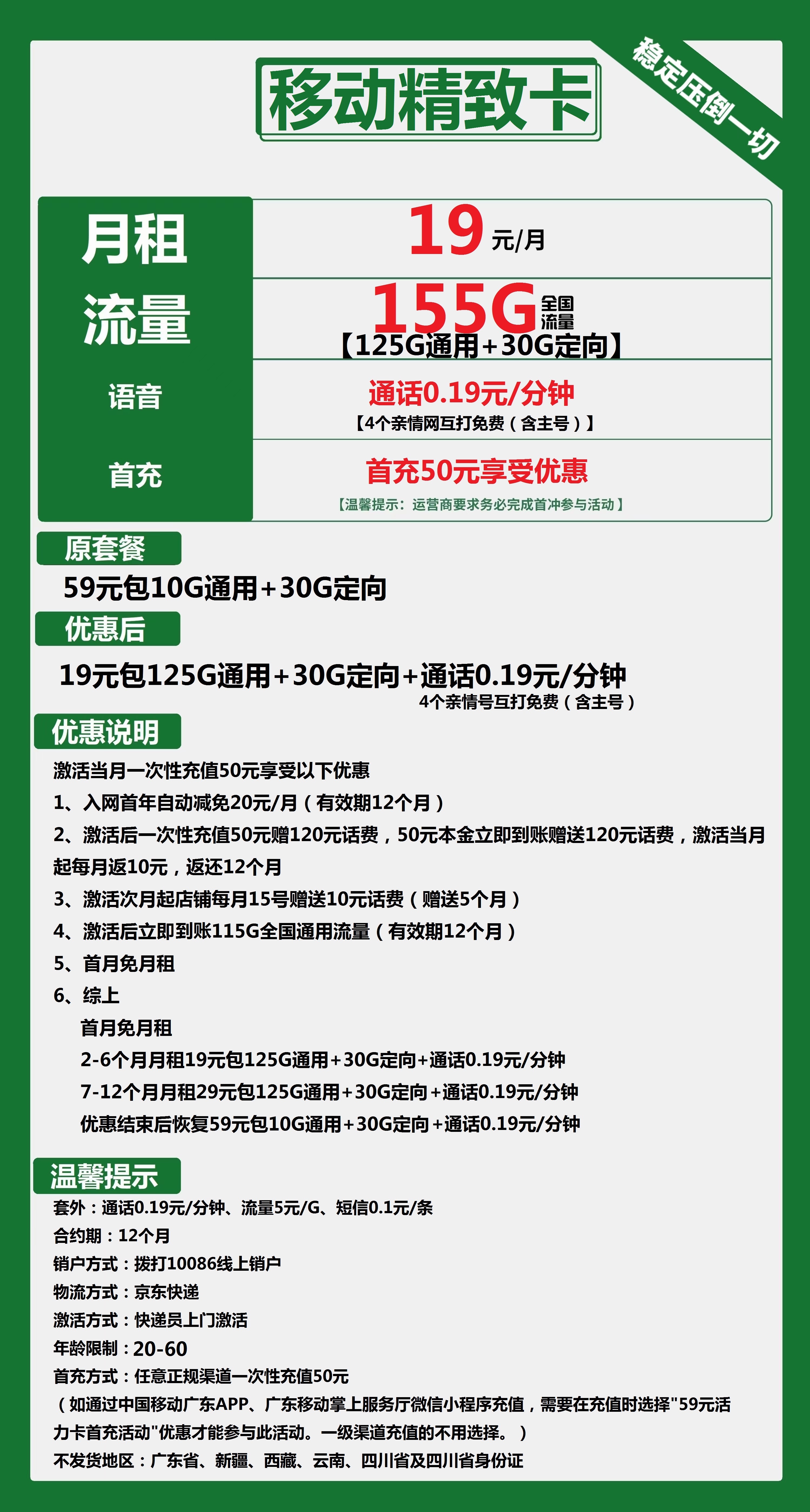 移动精致卡19元包125G通用+30G定向+通话0.19元/分钟