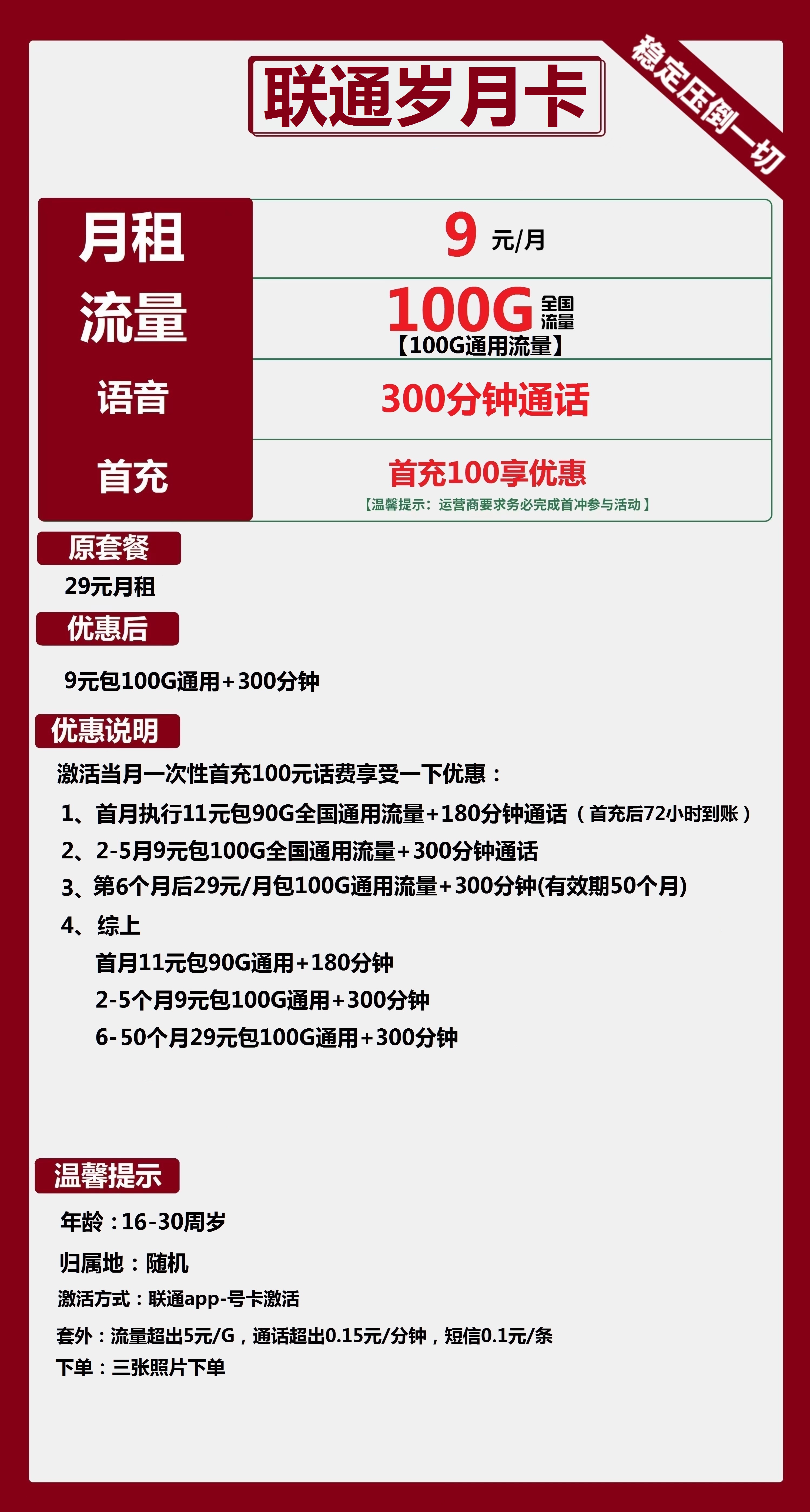 联通岁月卡9元包100G通用+300分钟通话