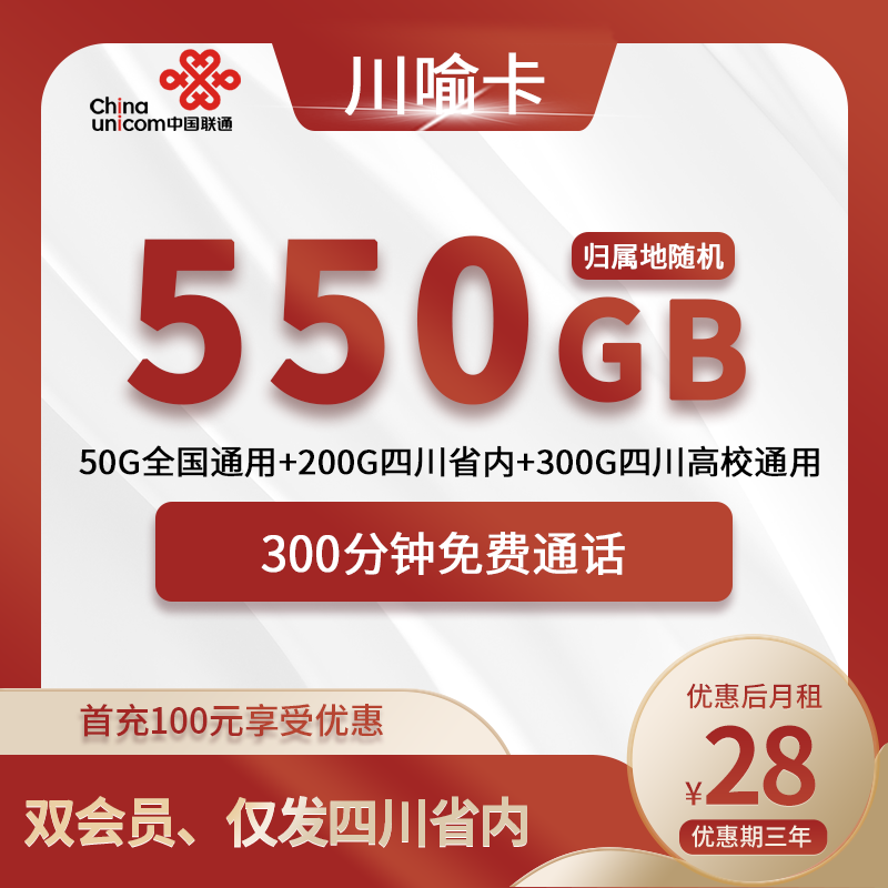 联通川喻卡28元包50G全国+200G四川+300G四川高校+300分钟+双会员