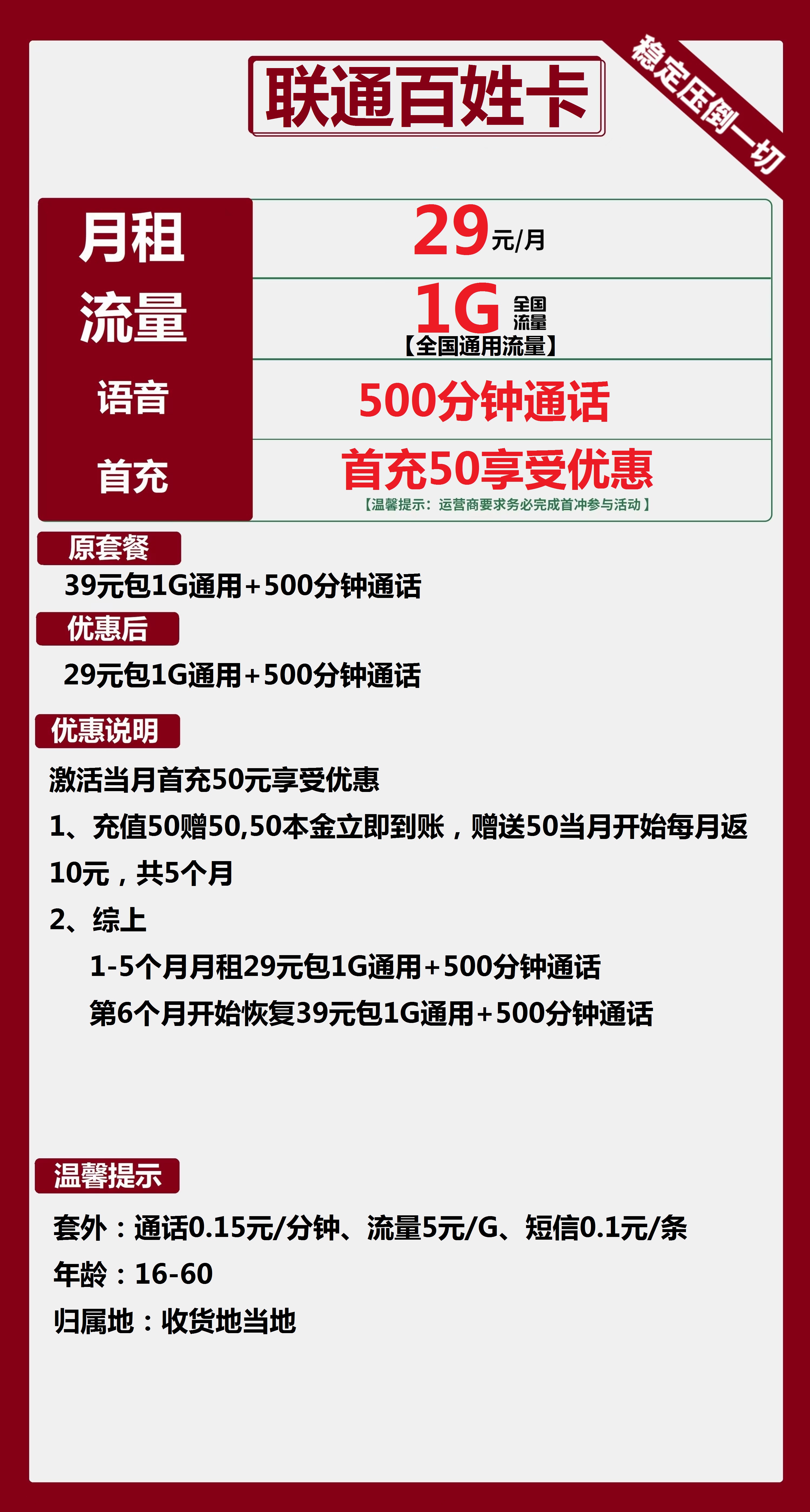 联通百姓卡29元包1G通用+500分钟通话