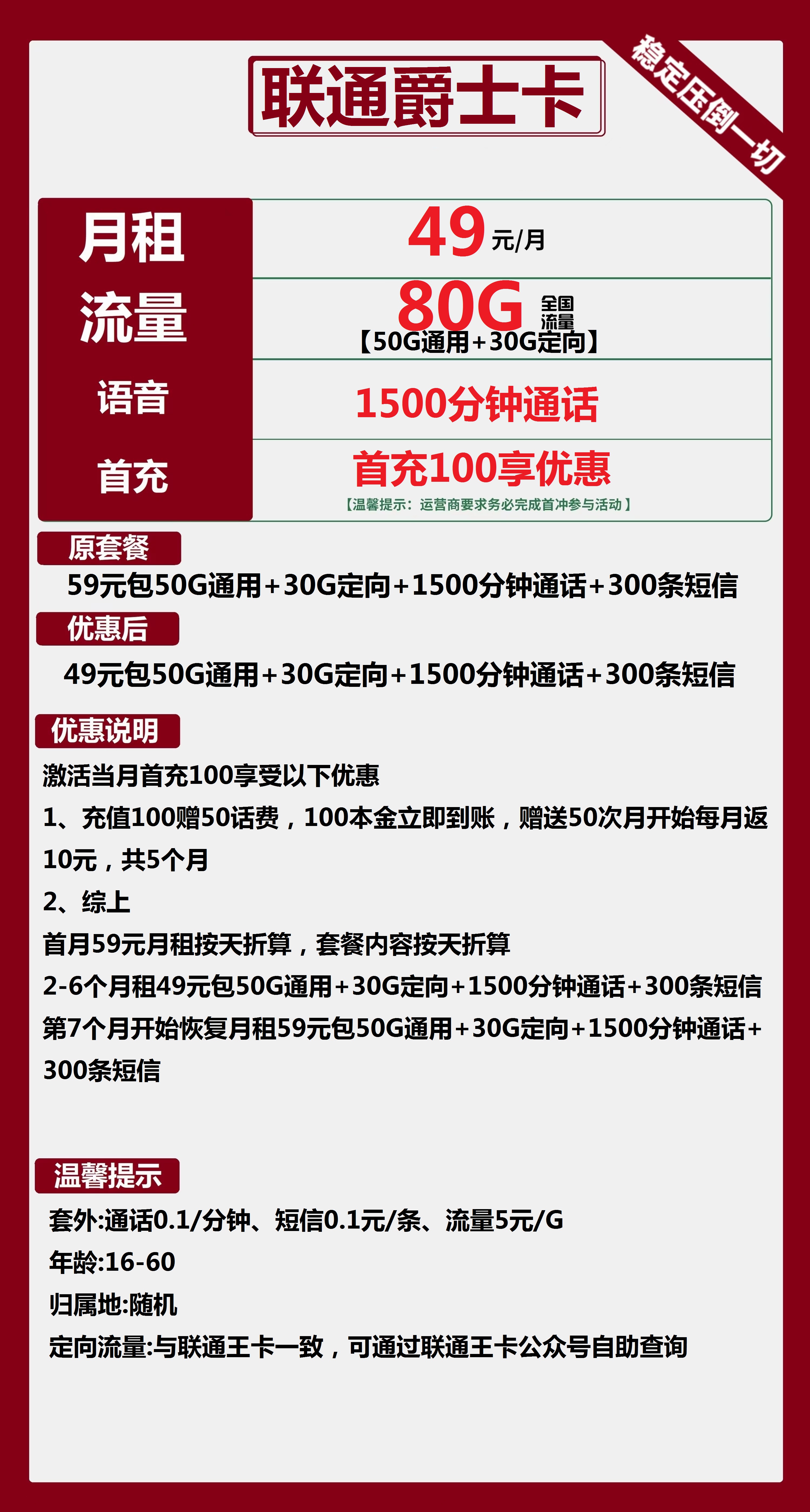联通爵士卡49元包50G通用+30G定向+1500分钟通话