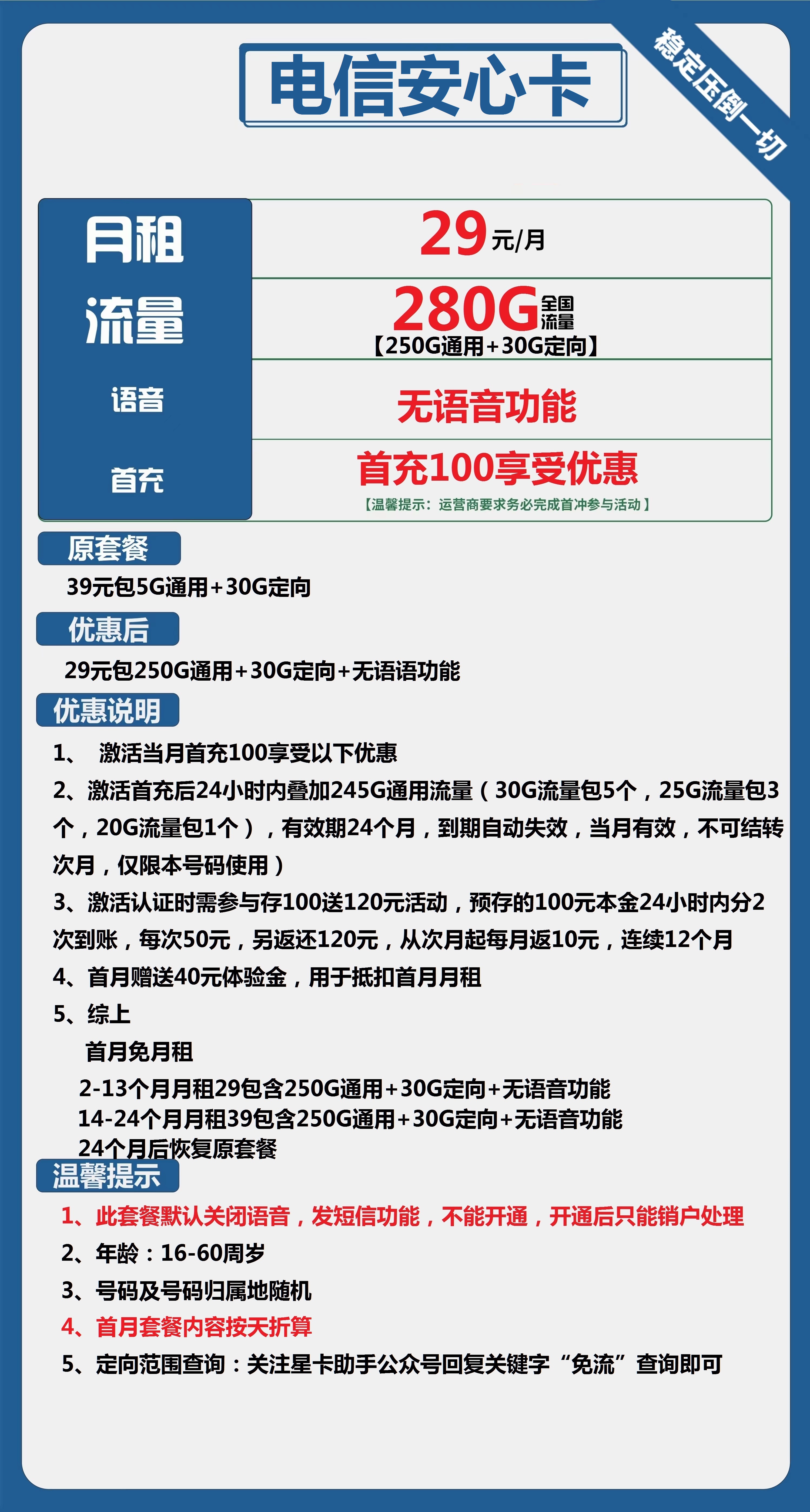 电信安心卡29元包250G通用+30G定向+无语音功能