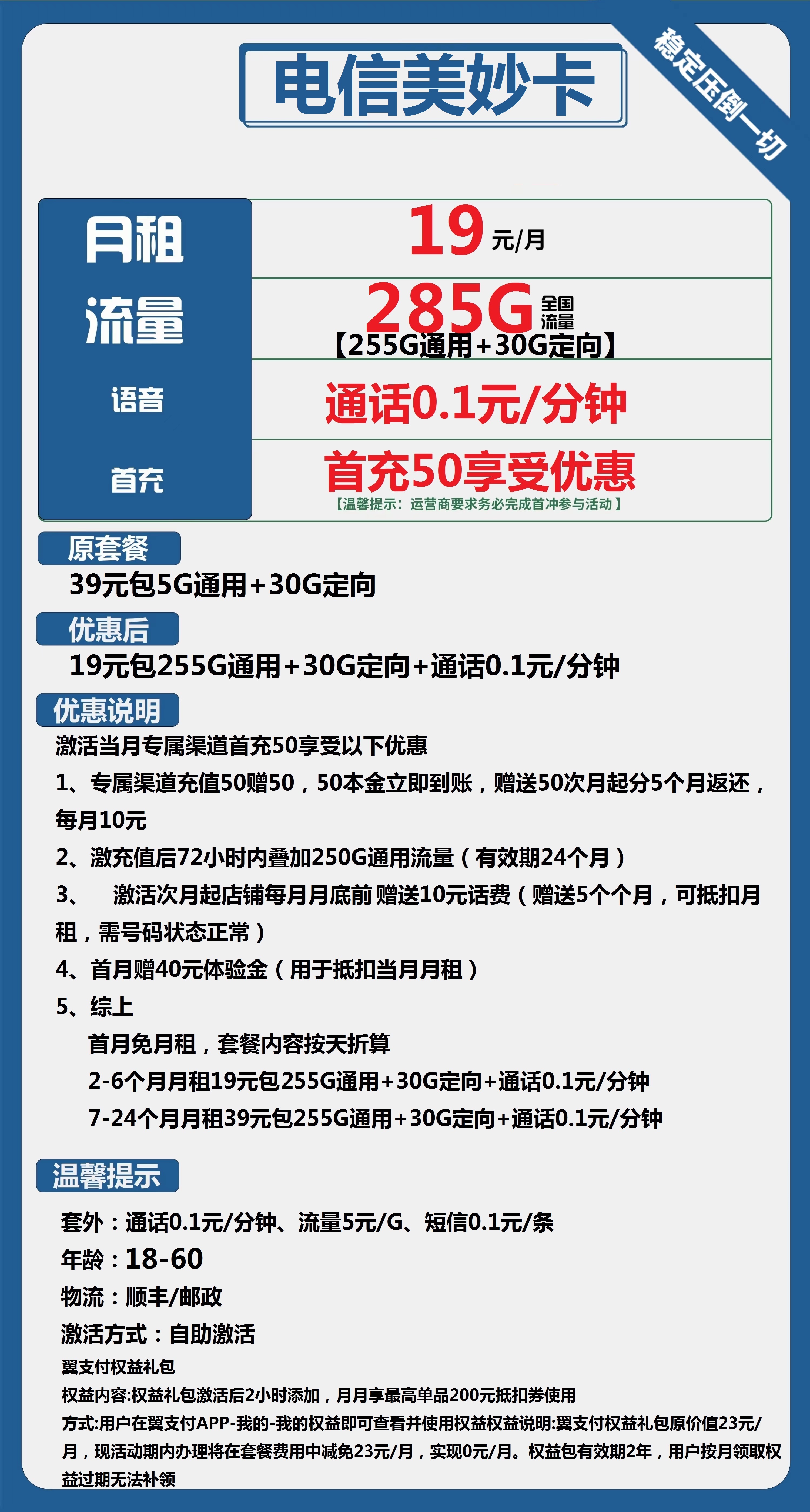电信美妙卡19元包255G通用+30G定向+通话0.1元/分钟