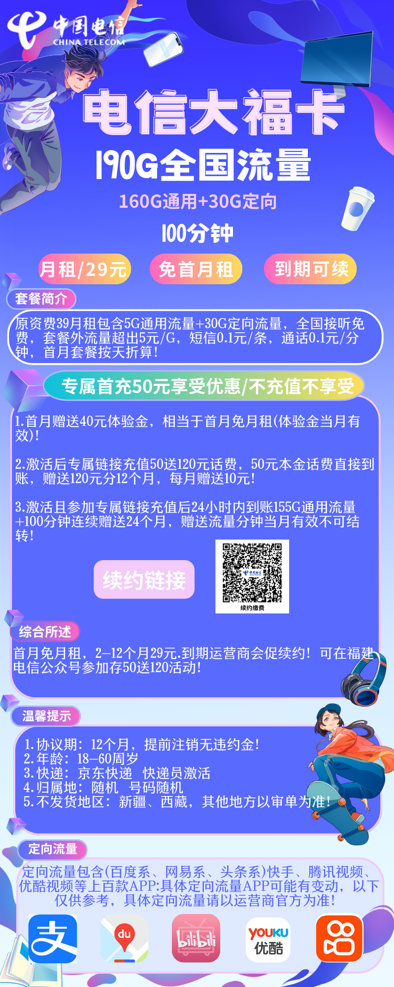 电信大福卡电信大福卡29元190g全国流量+100分钟