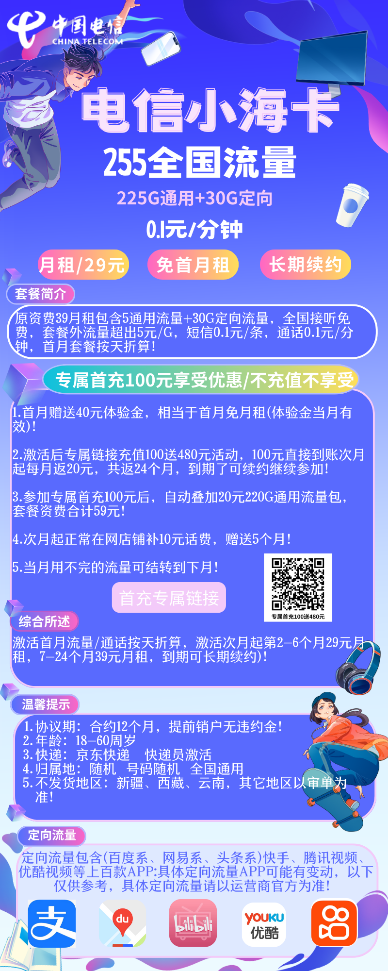 电信小海卡电信小海卡29元包255G全国流量+0.1元/分钟