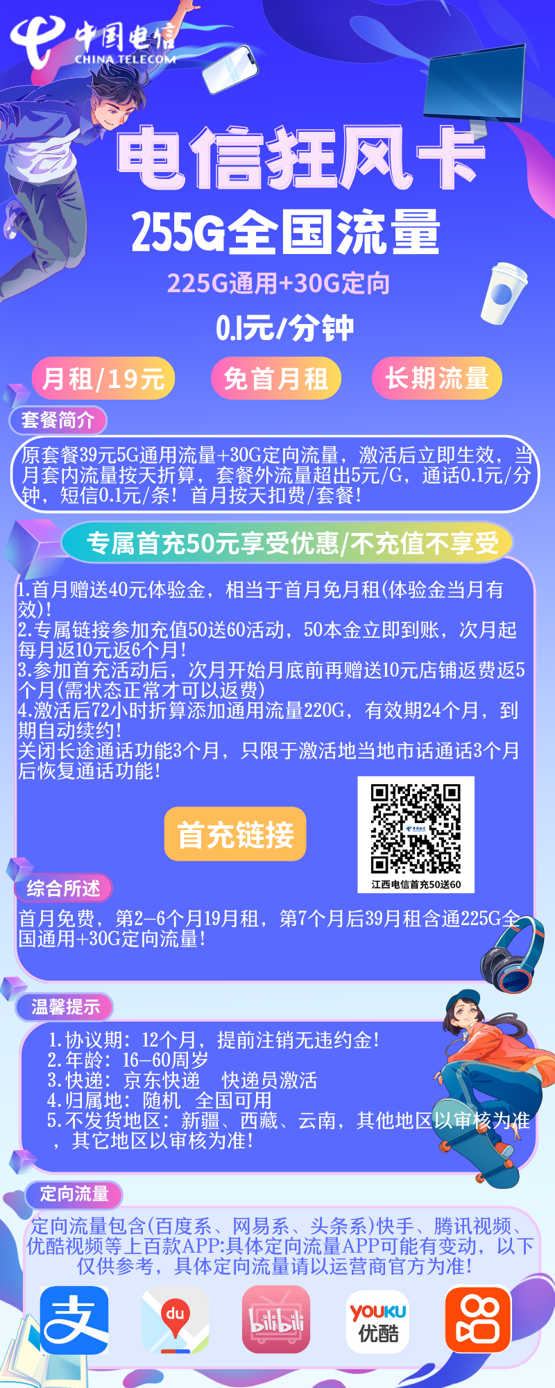 电信狂风卡电信狂风卡19元255G全国流量+0.1元/分钟（前三个月关闭长途通话）