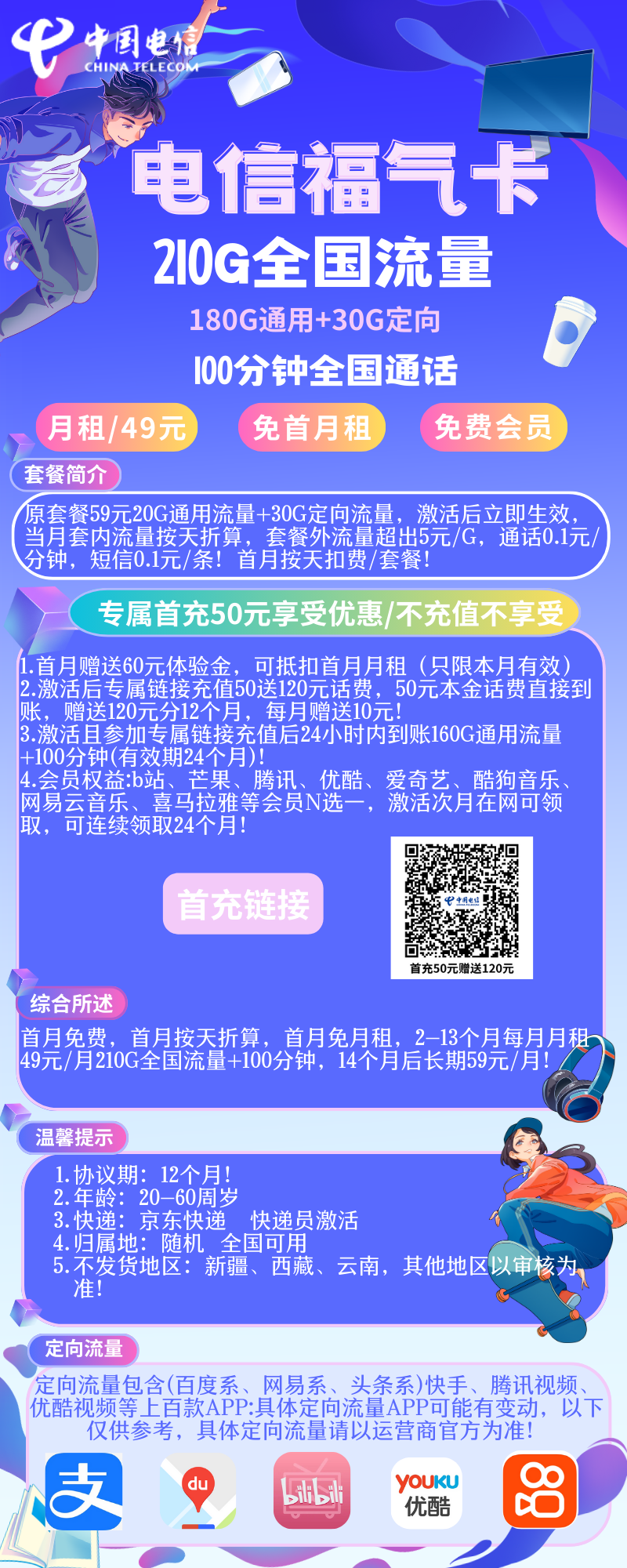 电信福气卡电信福气卡49元210G全国流量+100分钟+两年视频会员