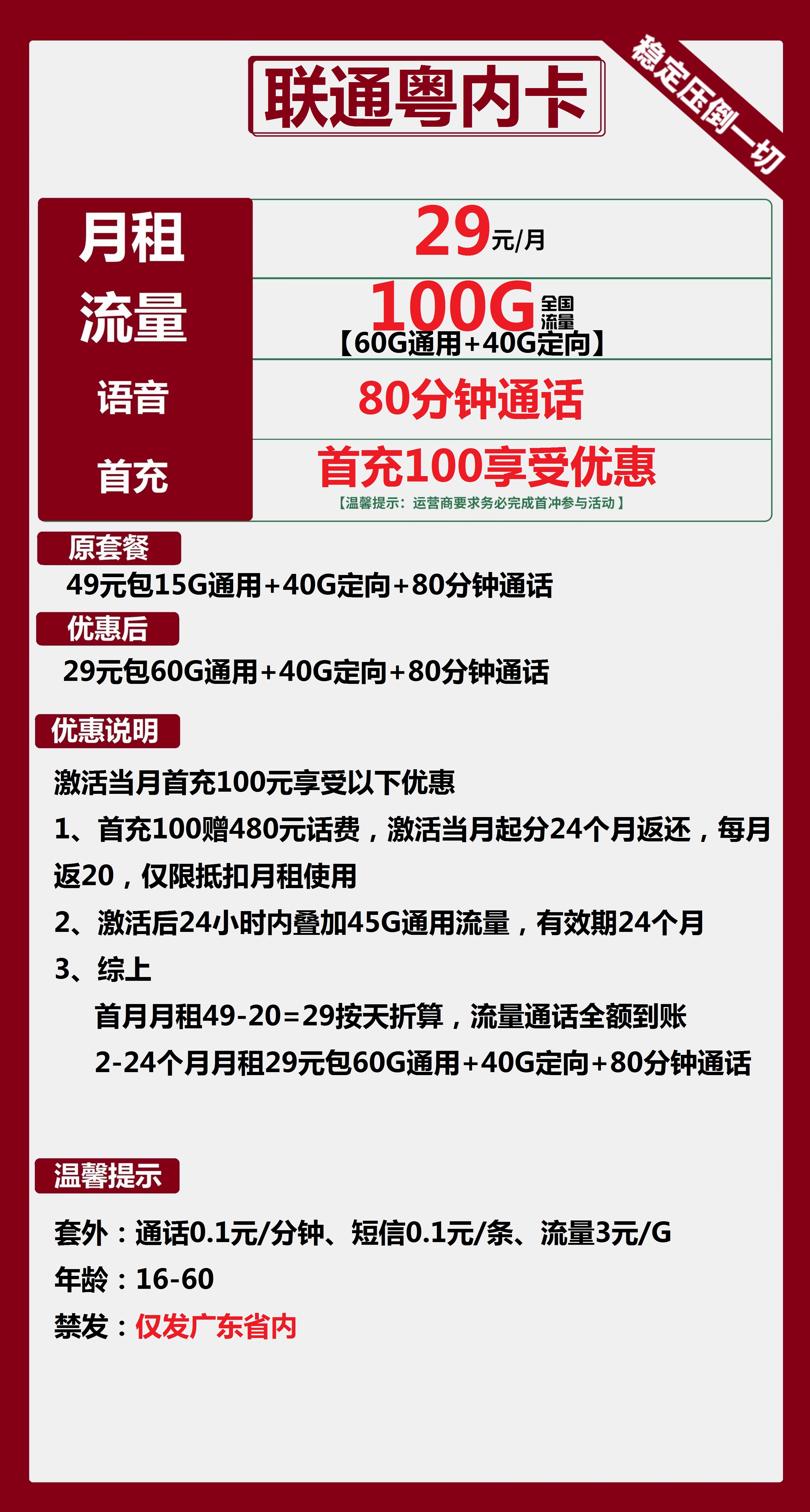 联通粤内卡29元包60G通用+40G定向+80分钟通话