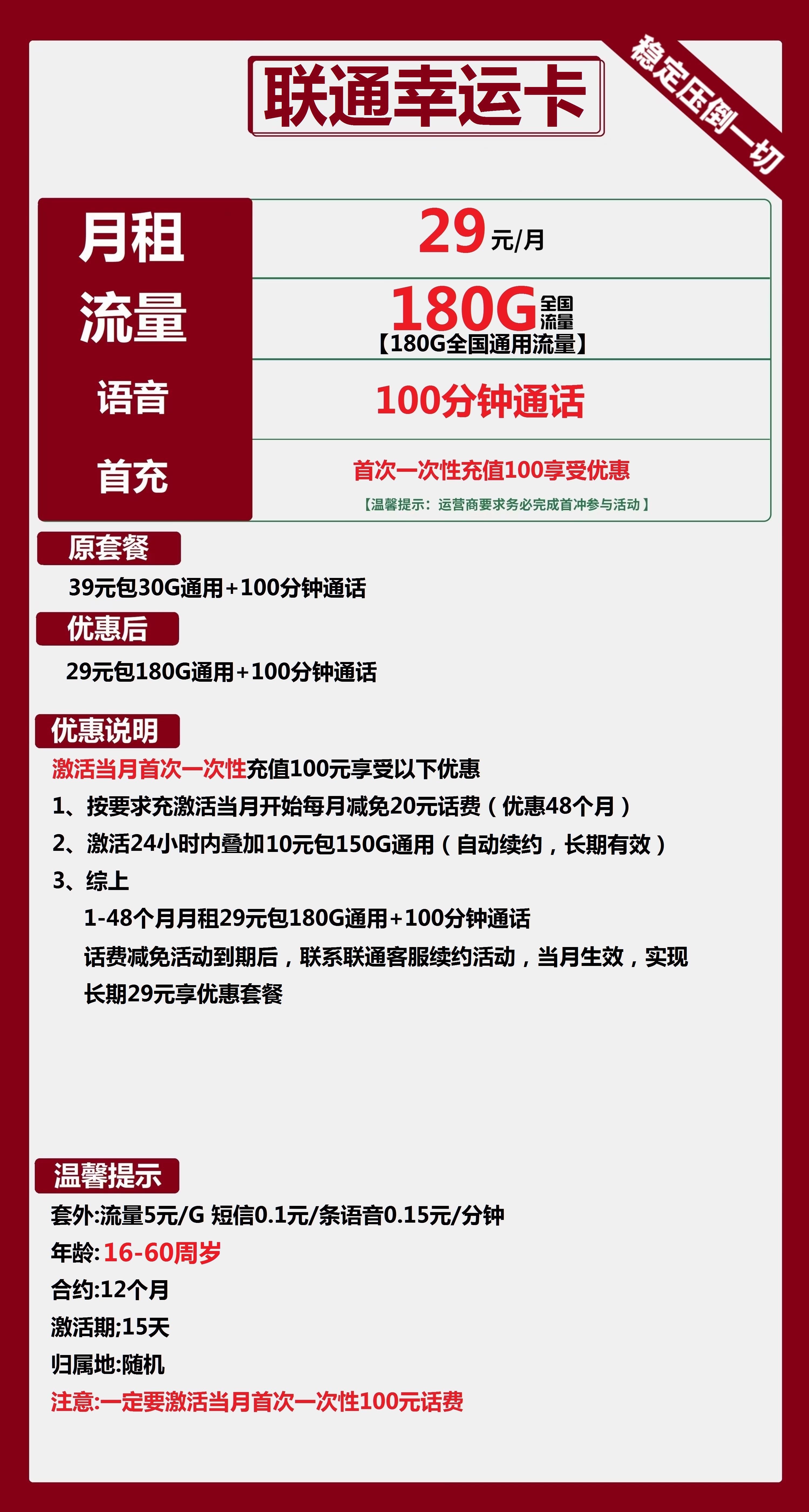 联通幸运卡29元包180G通用+100分钟通话